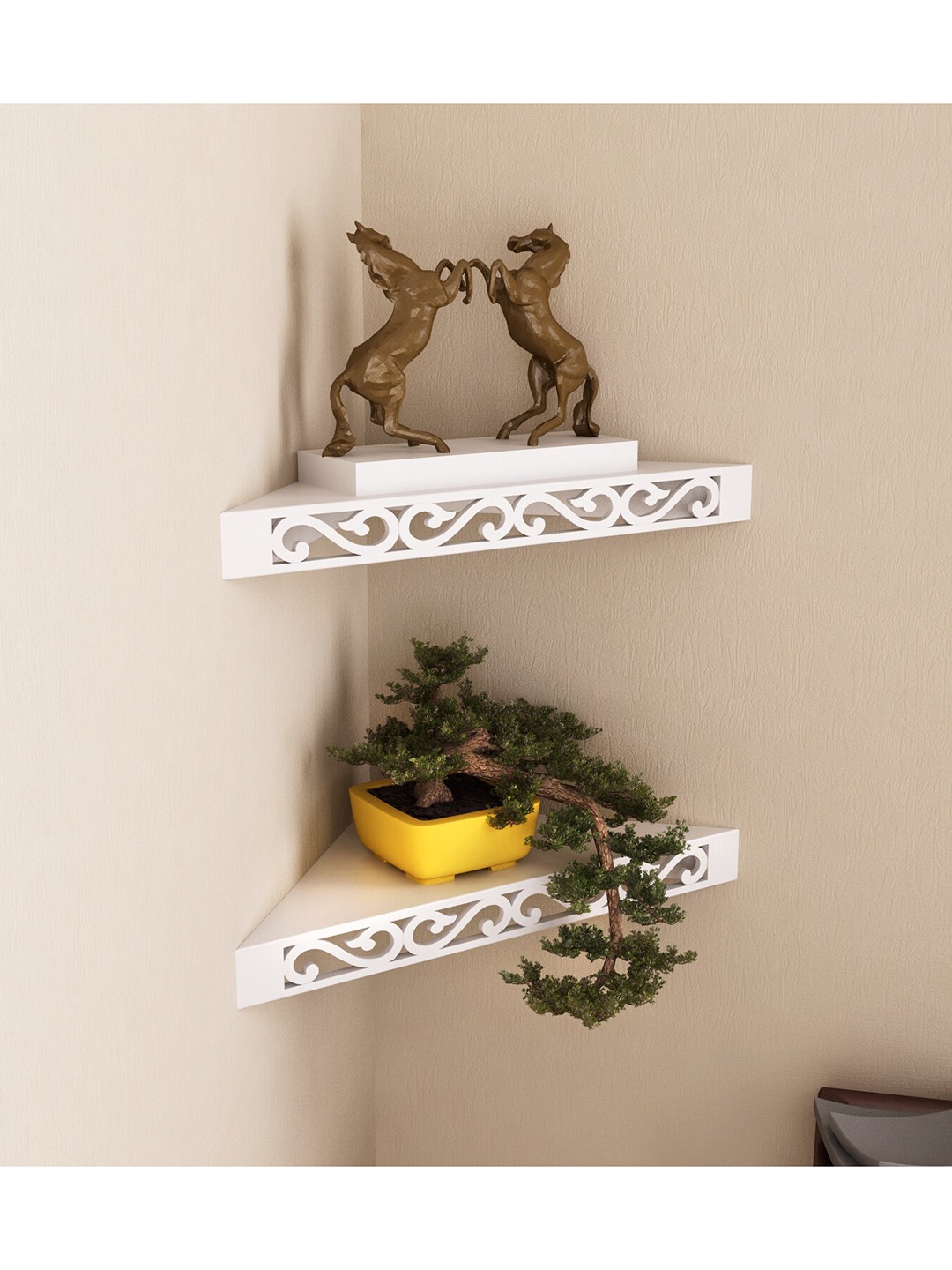 Home Sparkle Set Of 2 Wood Corner Wall Shelf, White