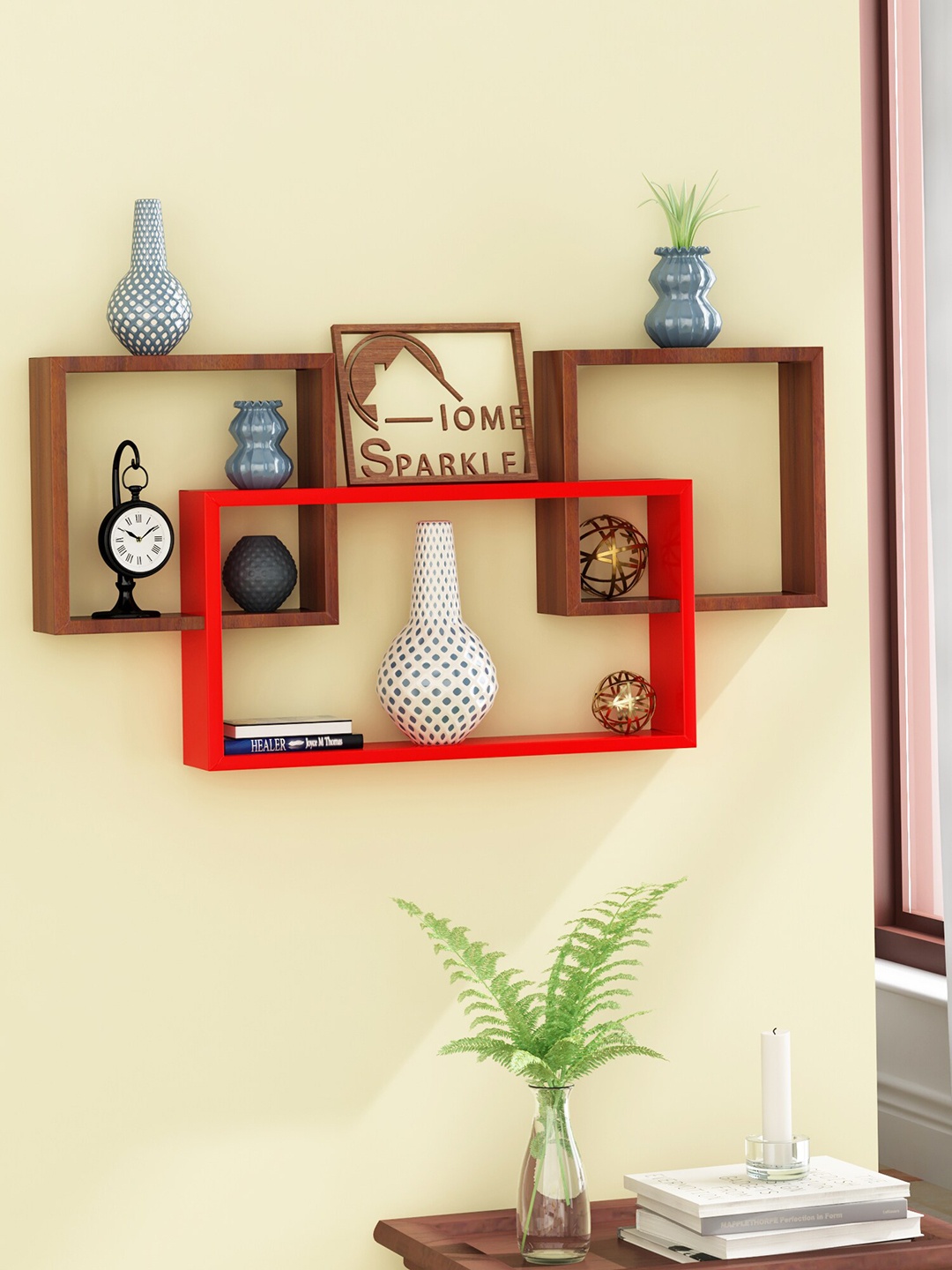 

Home Sparkle Red & Brown Wood Mosaic Wall Shelf