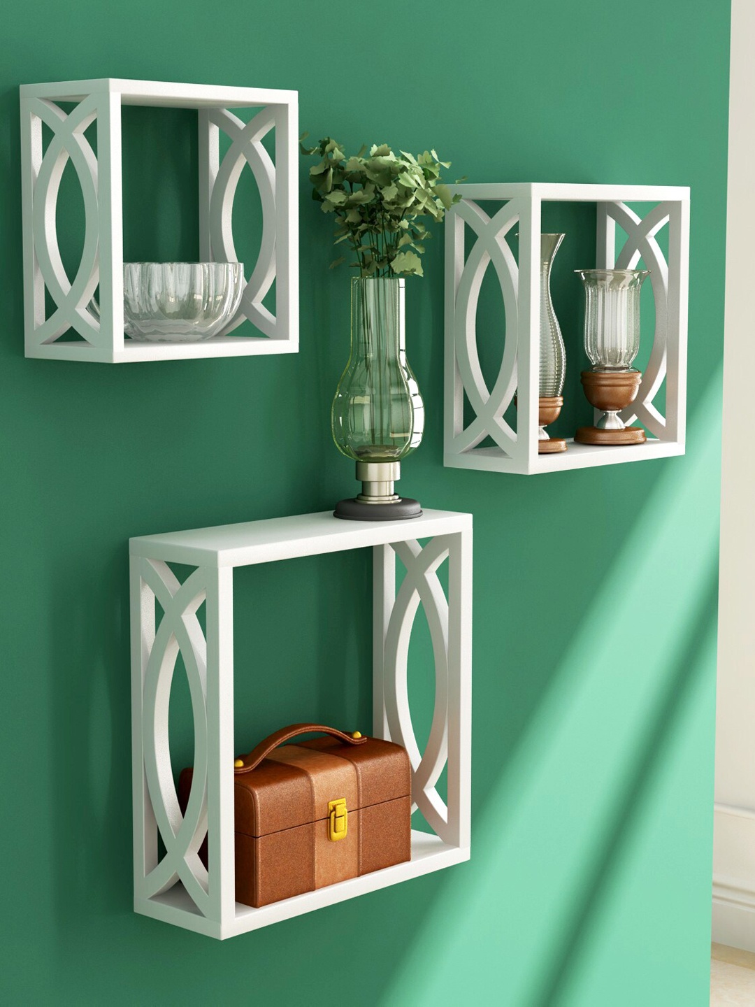 

Home Sparkle Set Of 4 White Solid Wooden Wall Shelves