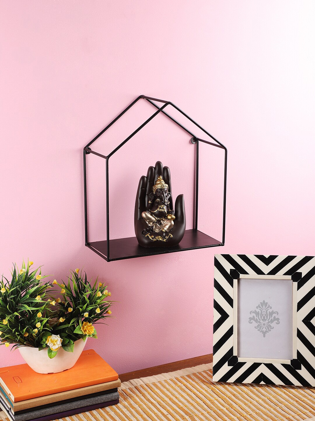 

Home Sparkle Black Metal Iron Hut Home Pentagon Design Wall Mounted Floating Shelves