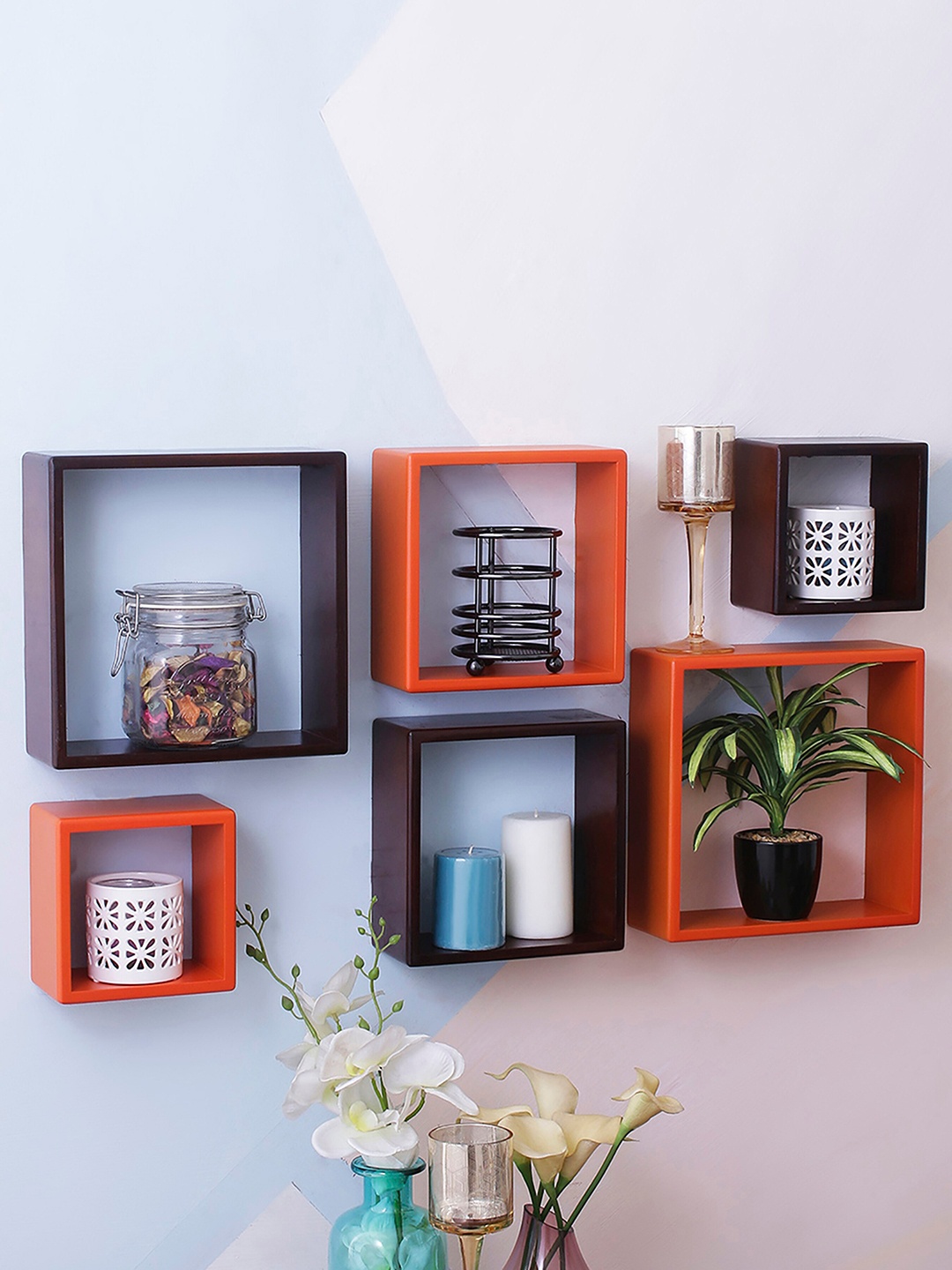 

Home Sparkle Pack Of 6 Brown & Orange MDF Floating Shelves