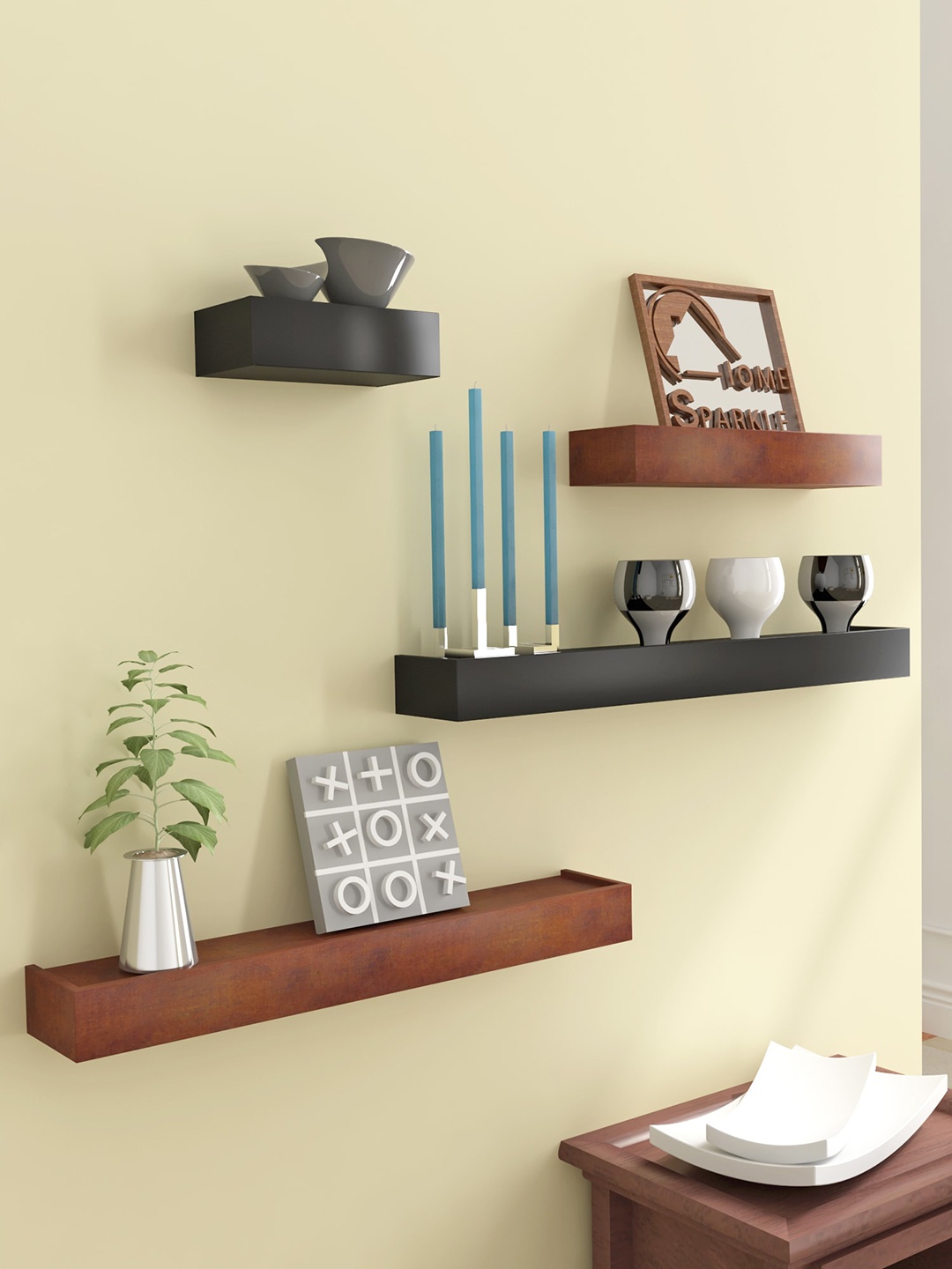 Home Sparkle Set Of 4 MDF Decorative Floating Wall Shelves, Brown