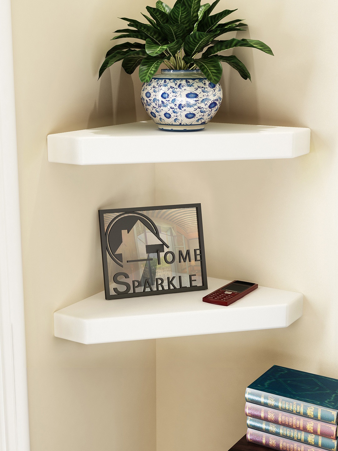 

Home Sparkle Pack Of 2 White Solid Wooden Corner Wall Shelves