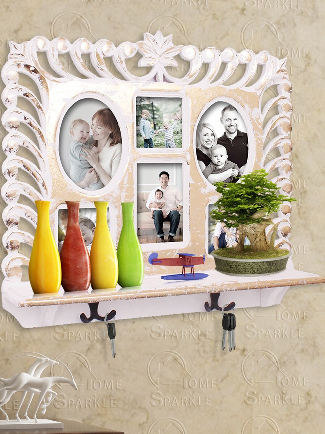 

Home Sparkle Gold-Toned Wooden Wall Shelf With Photoframe & Hooks