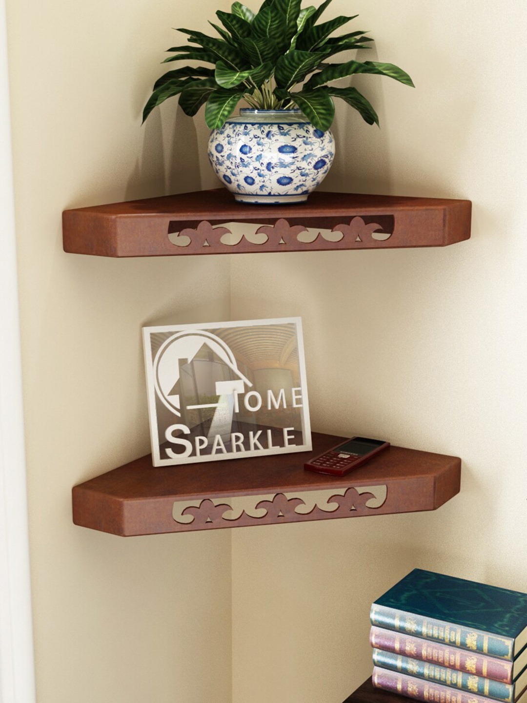

Home Sparkle Set Of 2 Brown Carved Wooden Wall Shelves