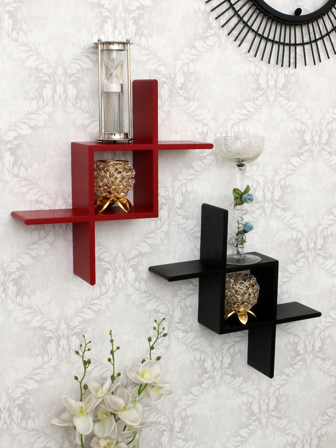 

Home Sparkle Black and Red 2 Pcs Floating Wall Mounted Cross Design Shelves