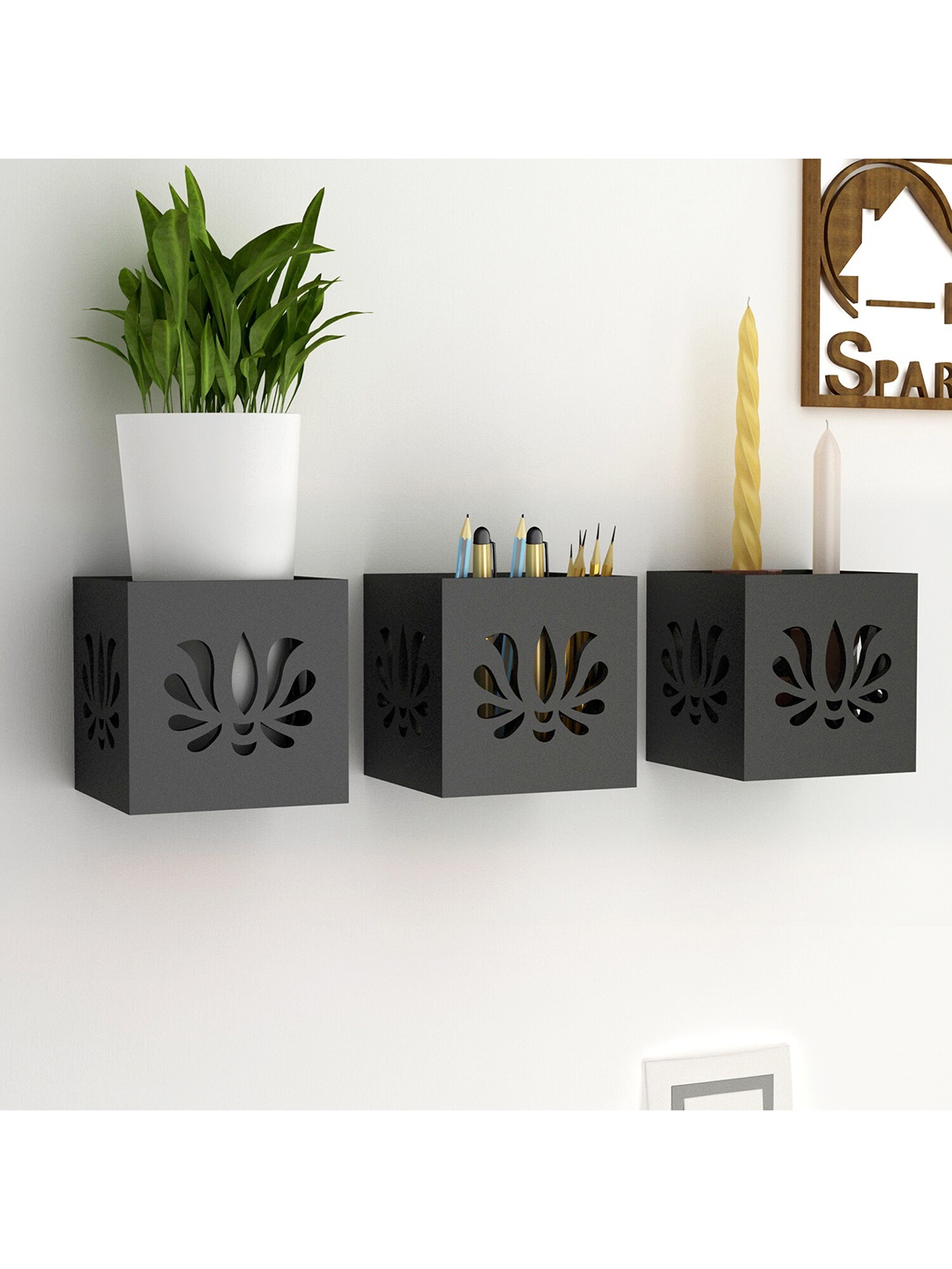 

Home Sparkle Set Of 3 MDF Pocket Wall Shelf, Black