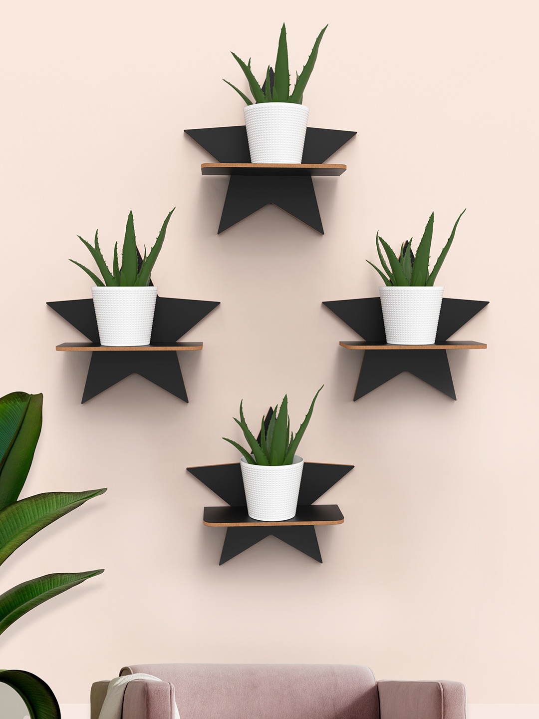 

Home Sparkle Set Of 4 MDF Star Shape Wall Shelves, Black