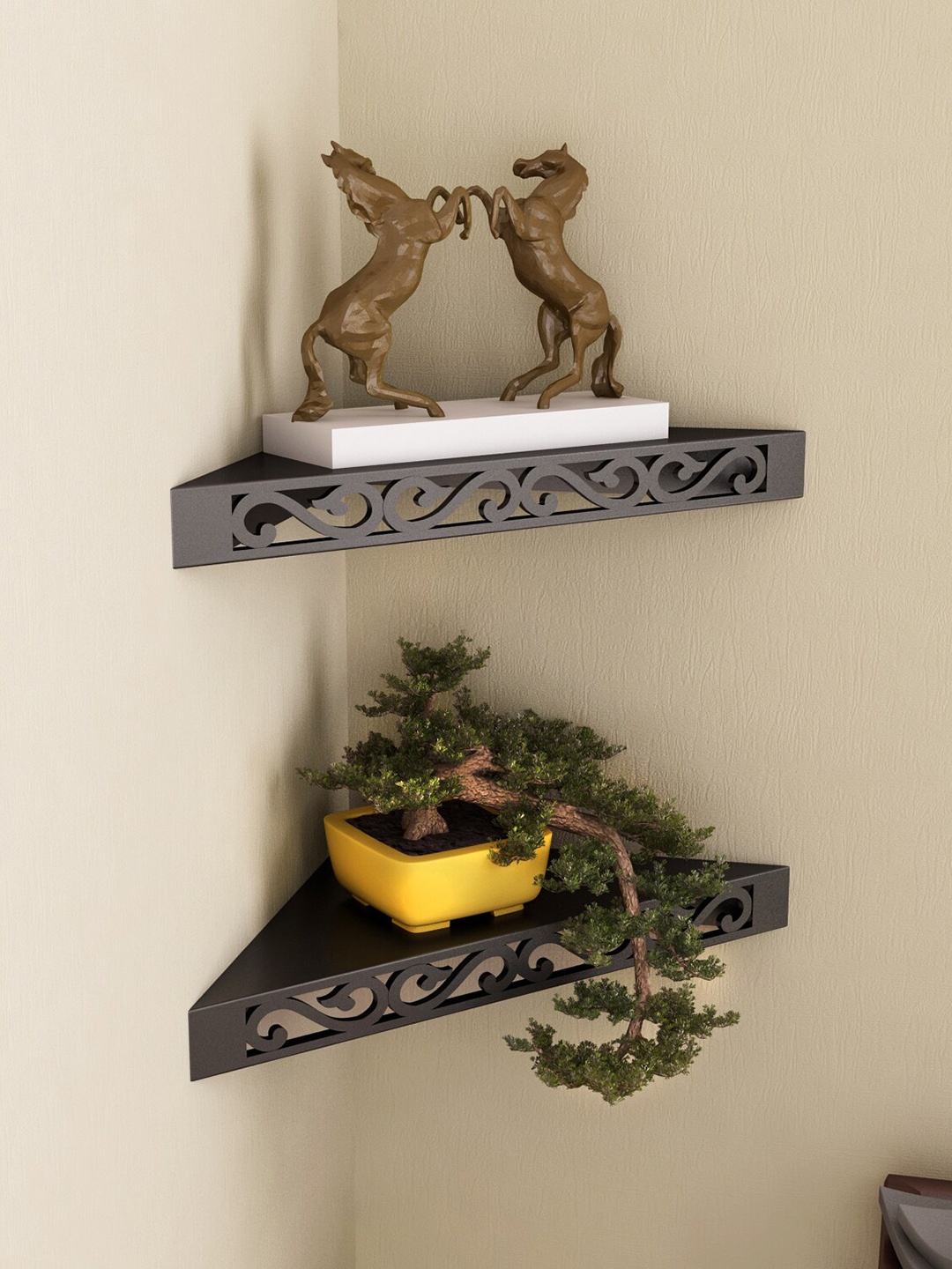 

Home Sparkle Wood 2 Tier Corner Wall Shelf, Black