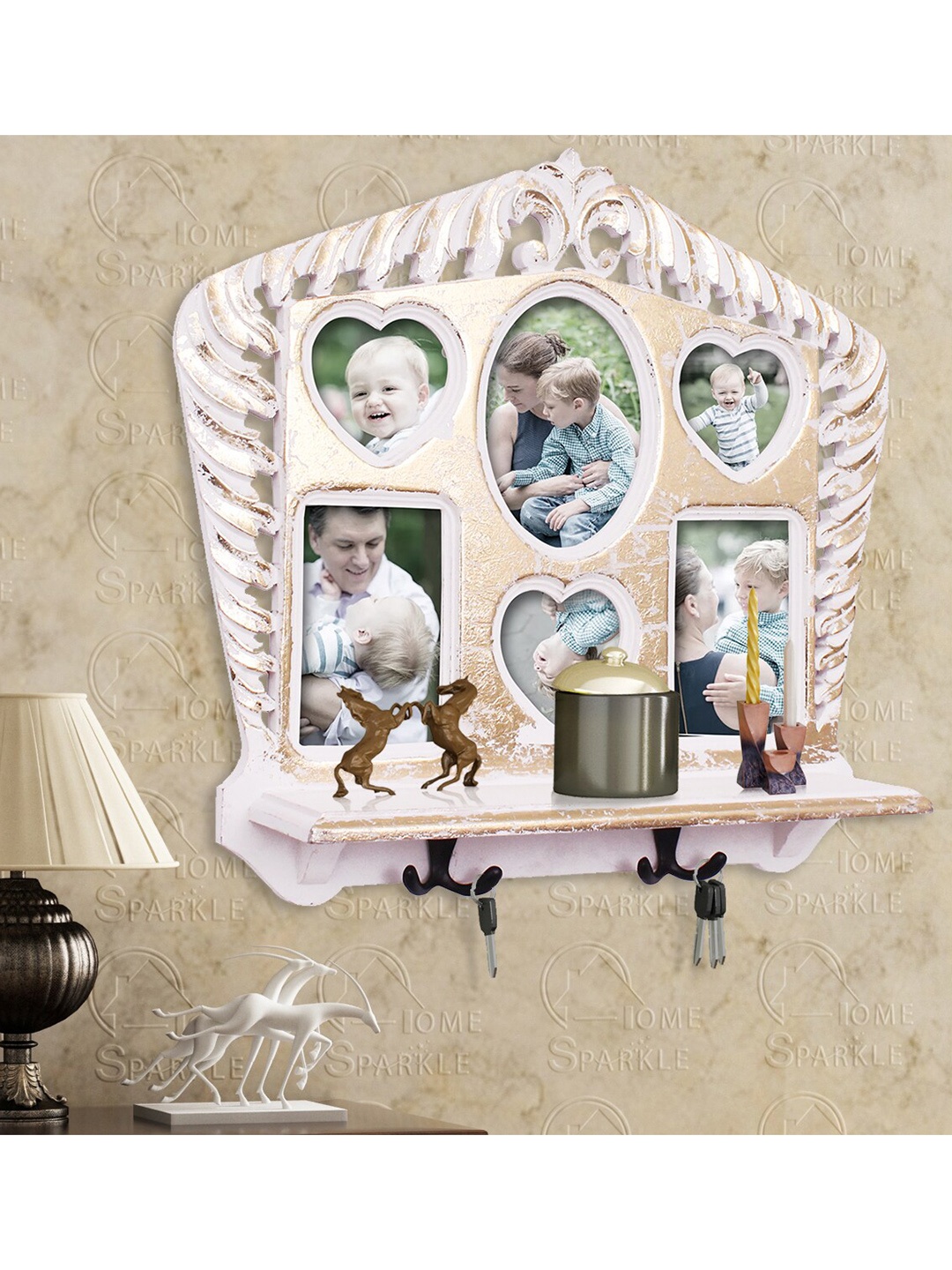 

Home Sparkle Wood Wall Shelf with Key Holders, Gold