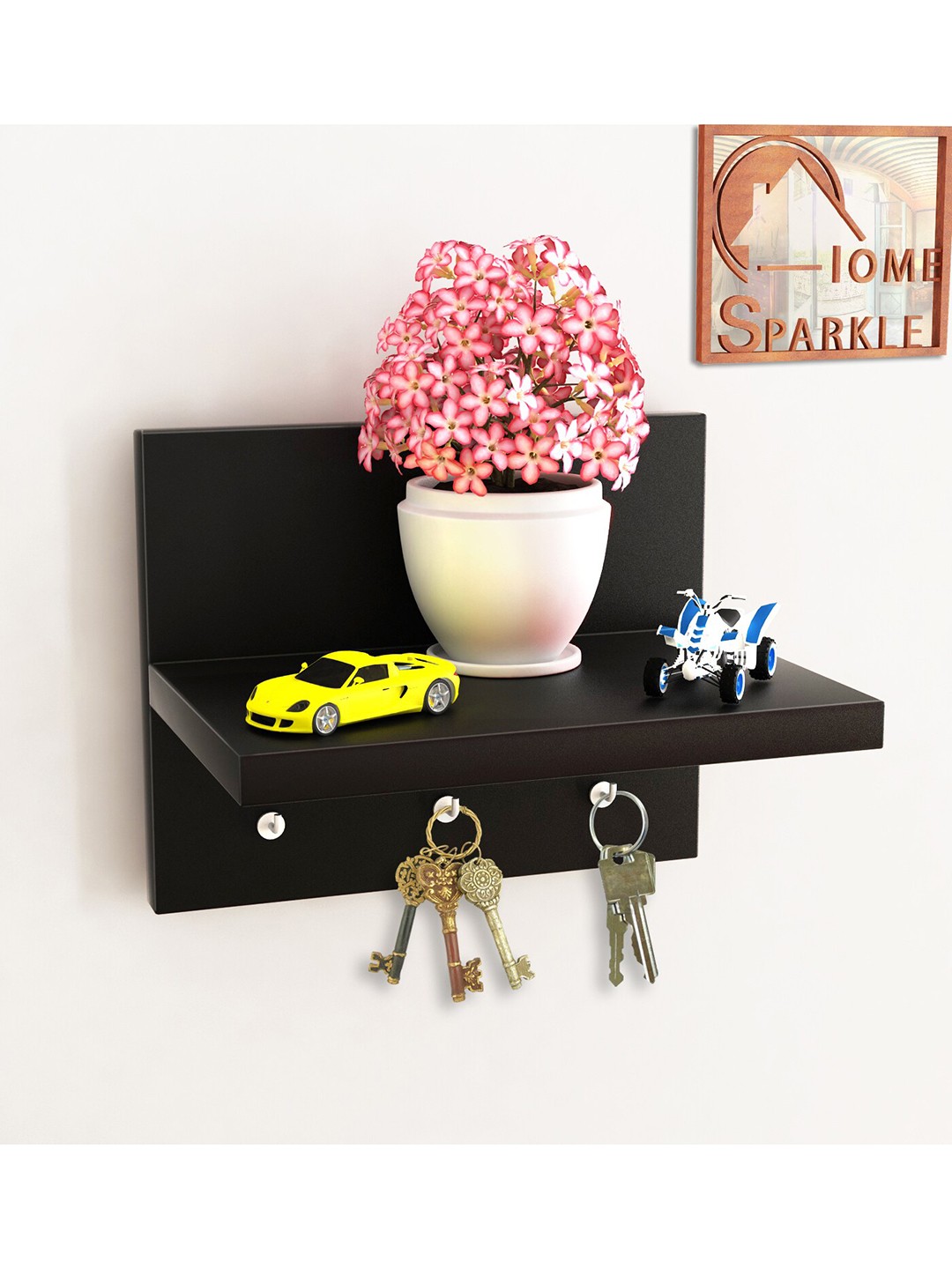 

Home Sparkle MDF Wall Shelf with Key Holders, Black