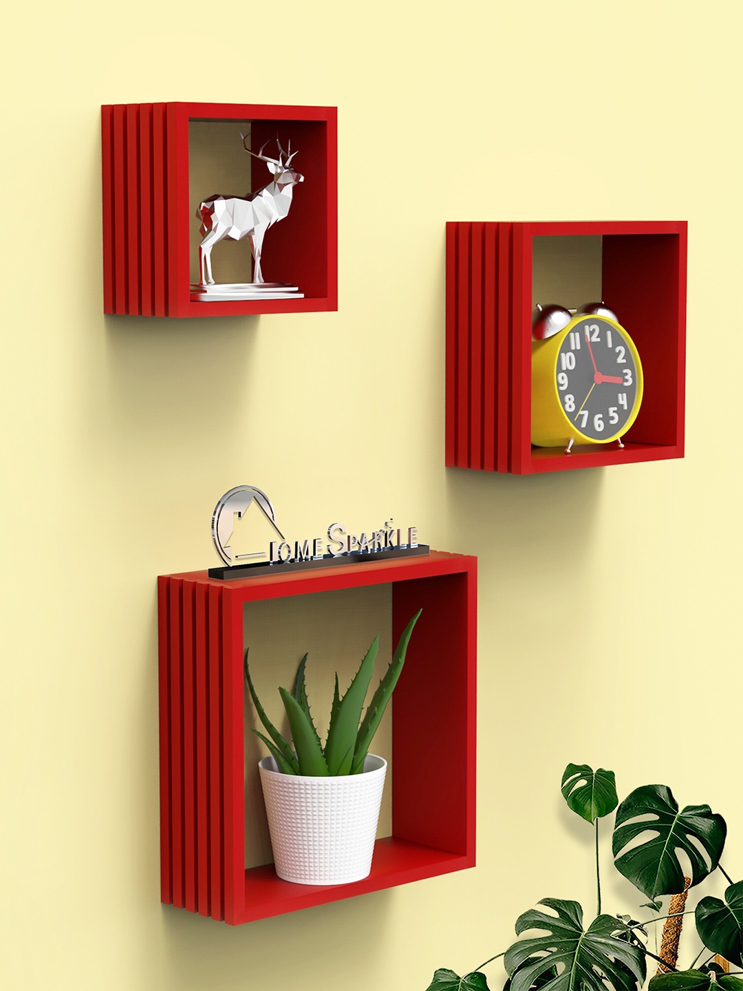 

Home Sparkle Set of 3 New 3D Design louvers Wall shelves, Red