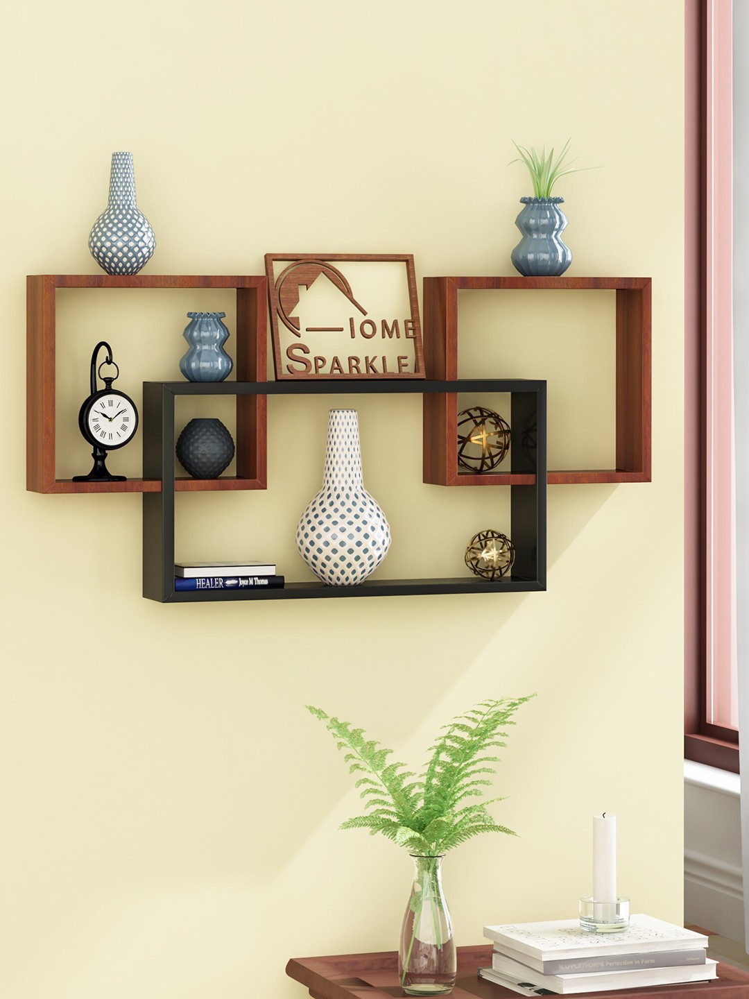 

Home Sparkle Wooden Intersecting Mozaic Wall Shelves, Brown