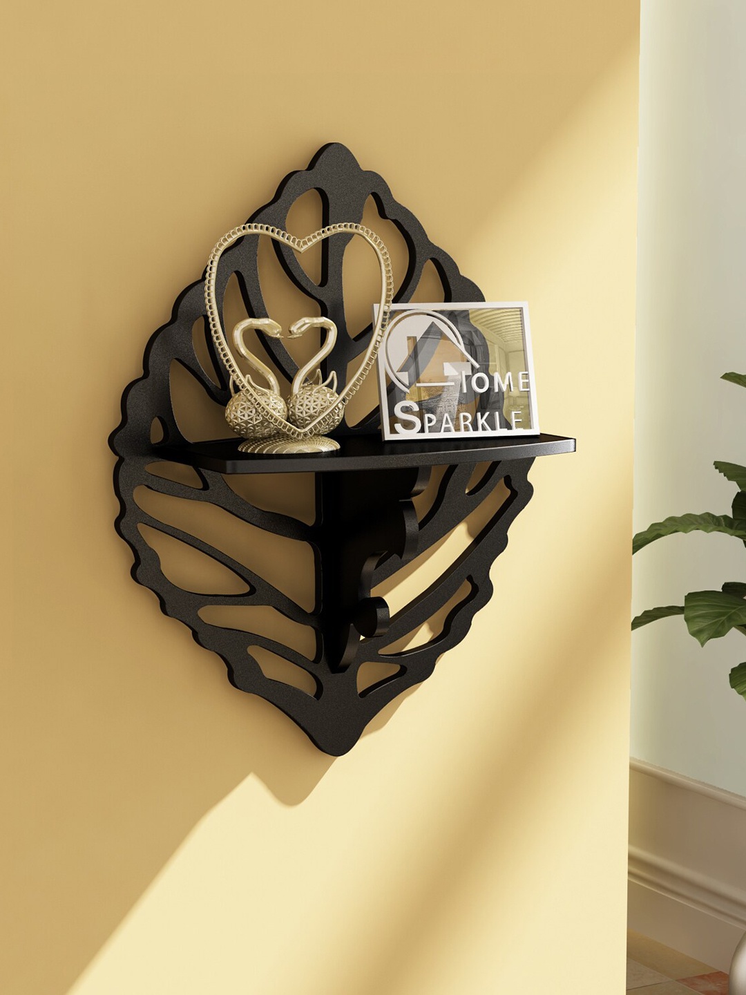 

Home Sparkle Wooden Carved Leaf Shape Wall Shelves, Black