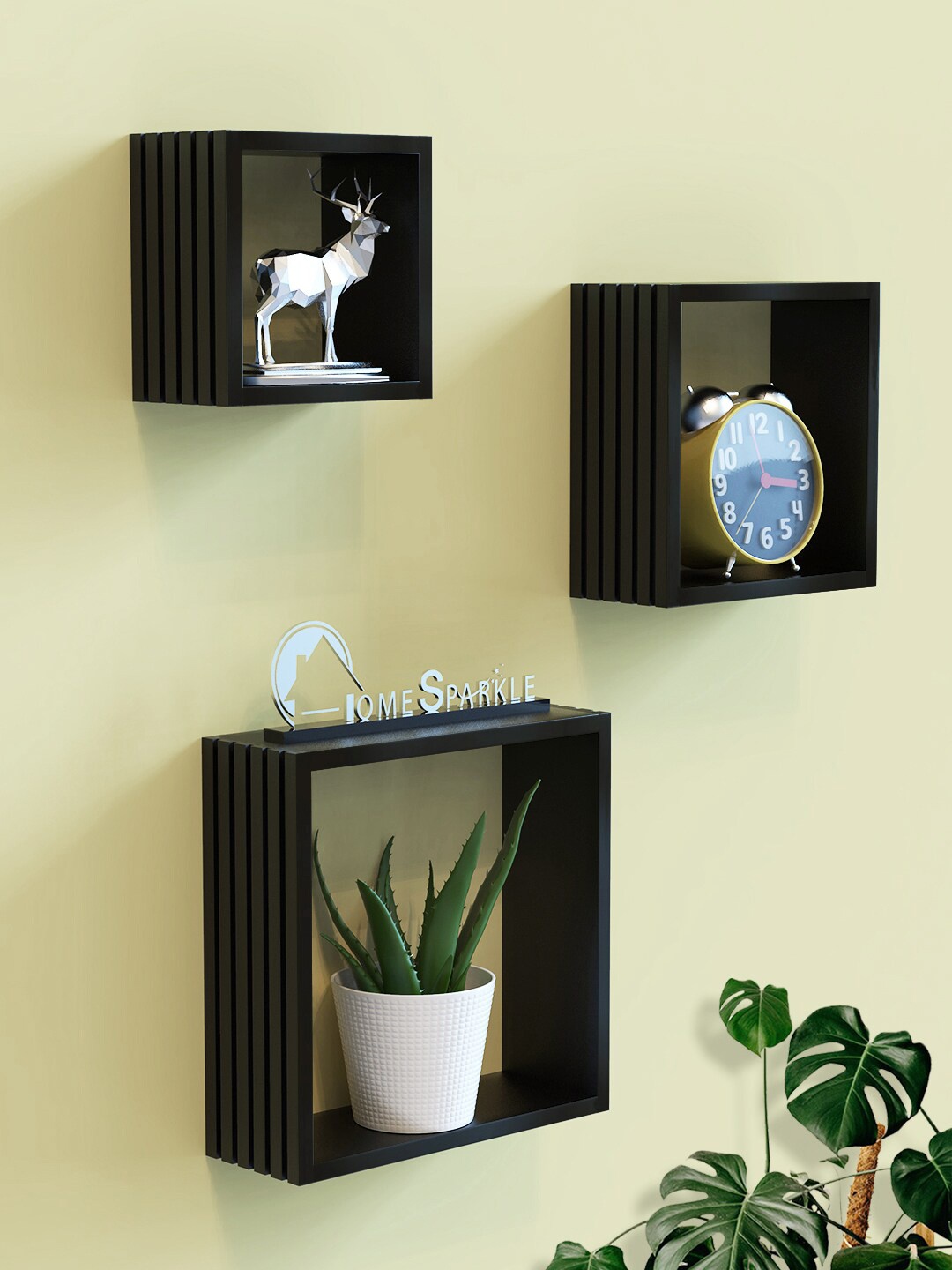 Home Sparkle Set Of 3 3D Design Wall Shelf, Black