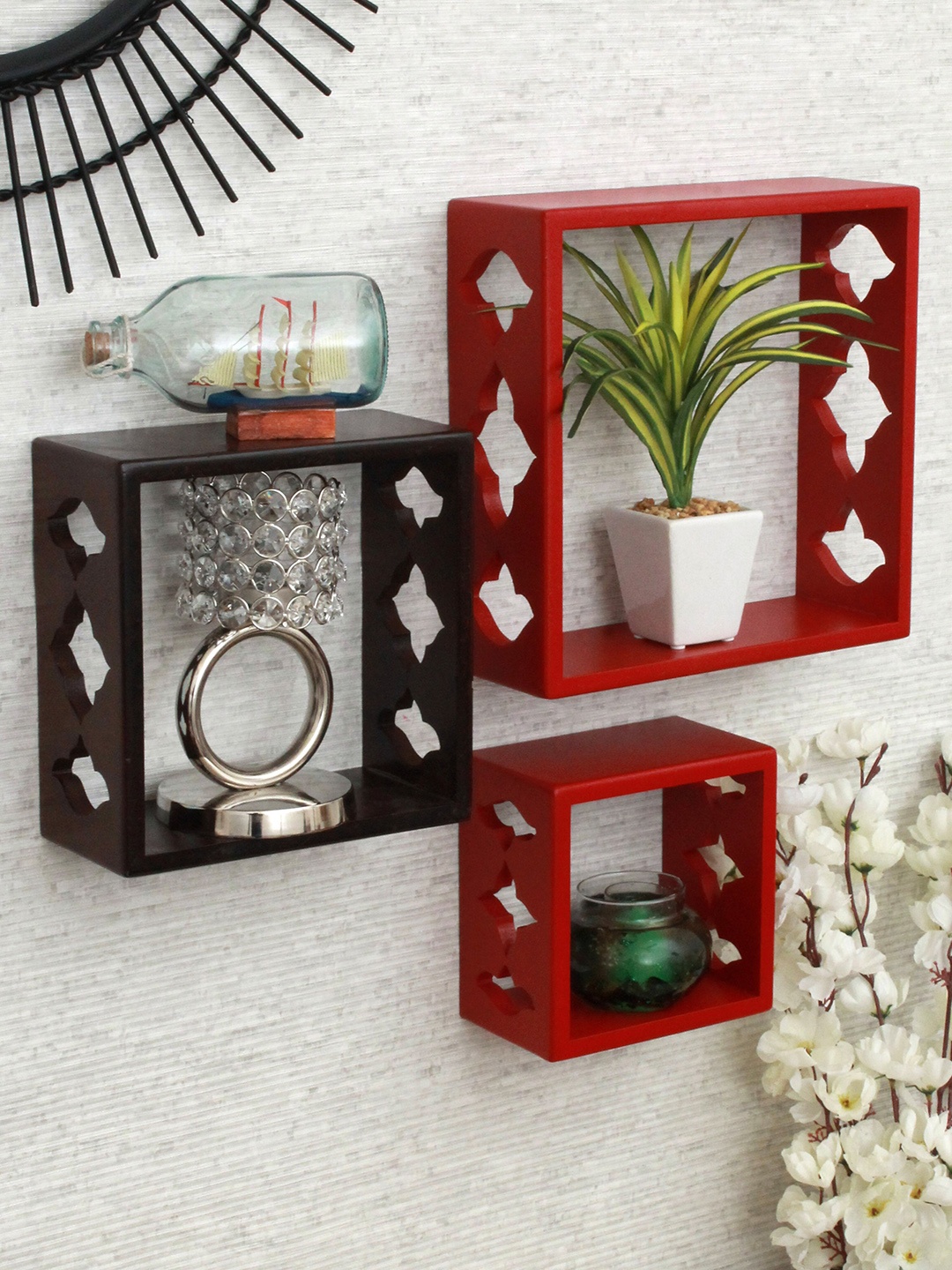 

Home Sparkle Set Of 3 Solid Wooden MDF Wall Shelves, Red