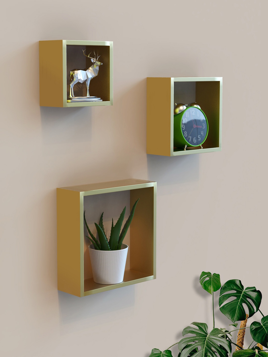 

Home Sparkle Set Of 3 Solid MDF Wall Shelves, Gold