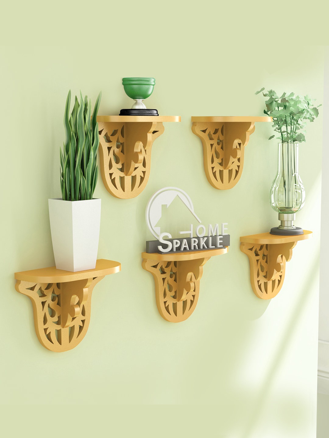 

Home Sparkle Set Of 5 Carved Wall Mounted Wall Shelves, Gold