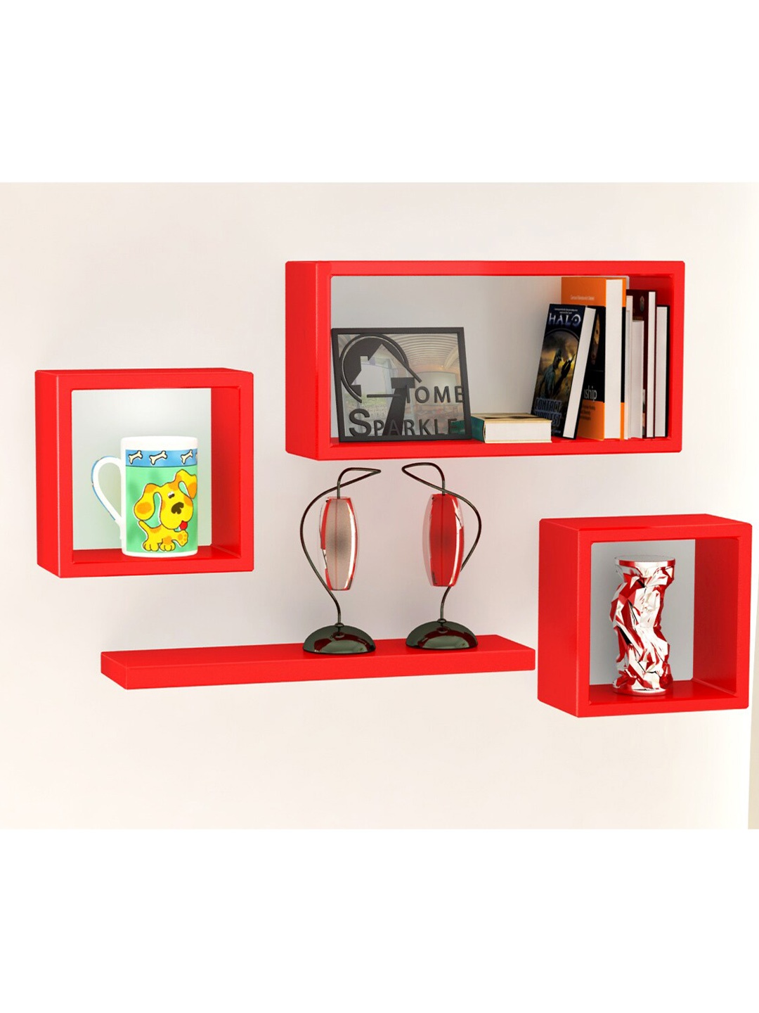 

Home Sparkle Set of 4 Solid Wooden Wall Shelves, Red