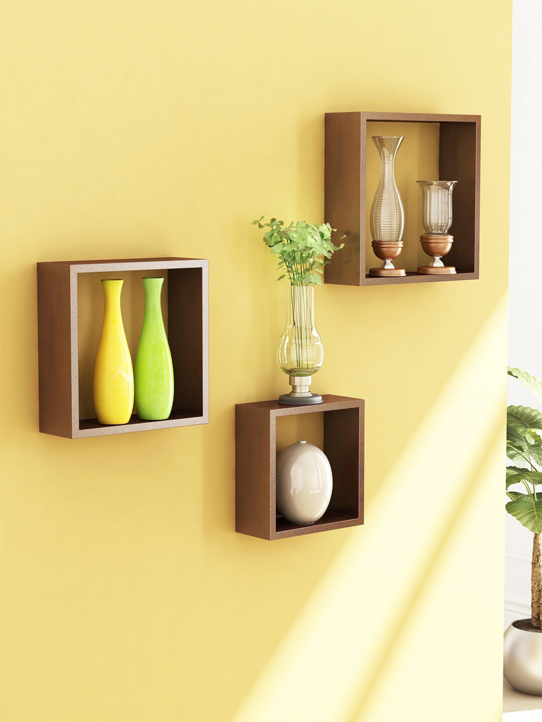 

Home Sparkle Set Of 3 Solid Wooden MDF Wall Shelves, Brown