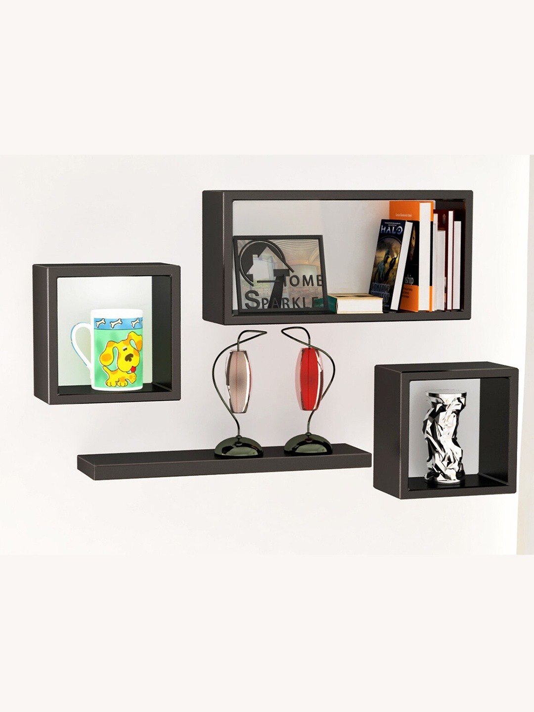

Home Sparkle Set Of 4 Solid Wooden Wall Shelves, Black