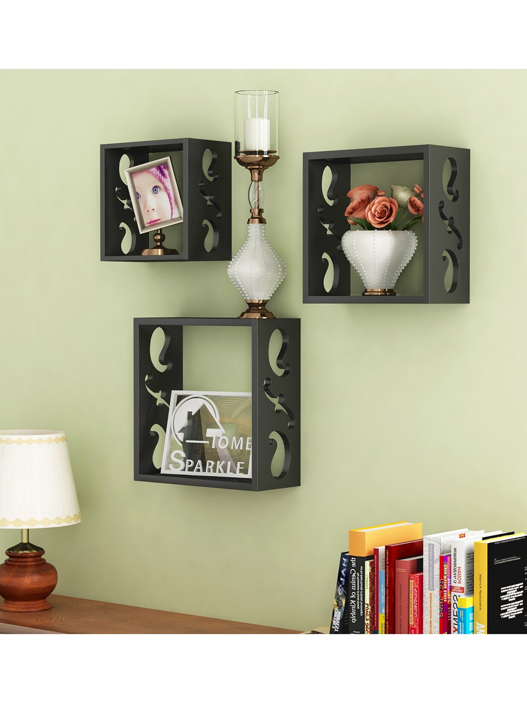 

Home Sparkle Set Of 3 Solid MDF Wall Shelves, Black