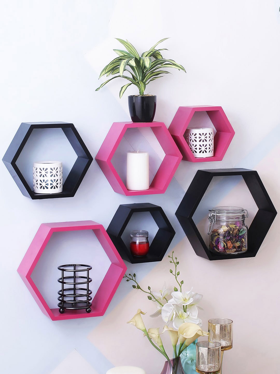 

Home Sparkle Set of 6 Hexagonal Shaped Wall Shelves, Pink