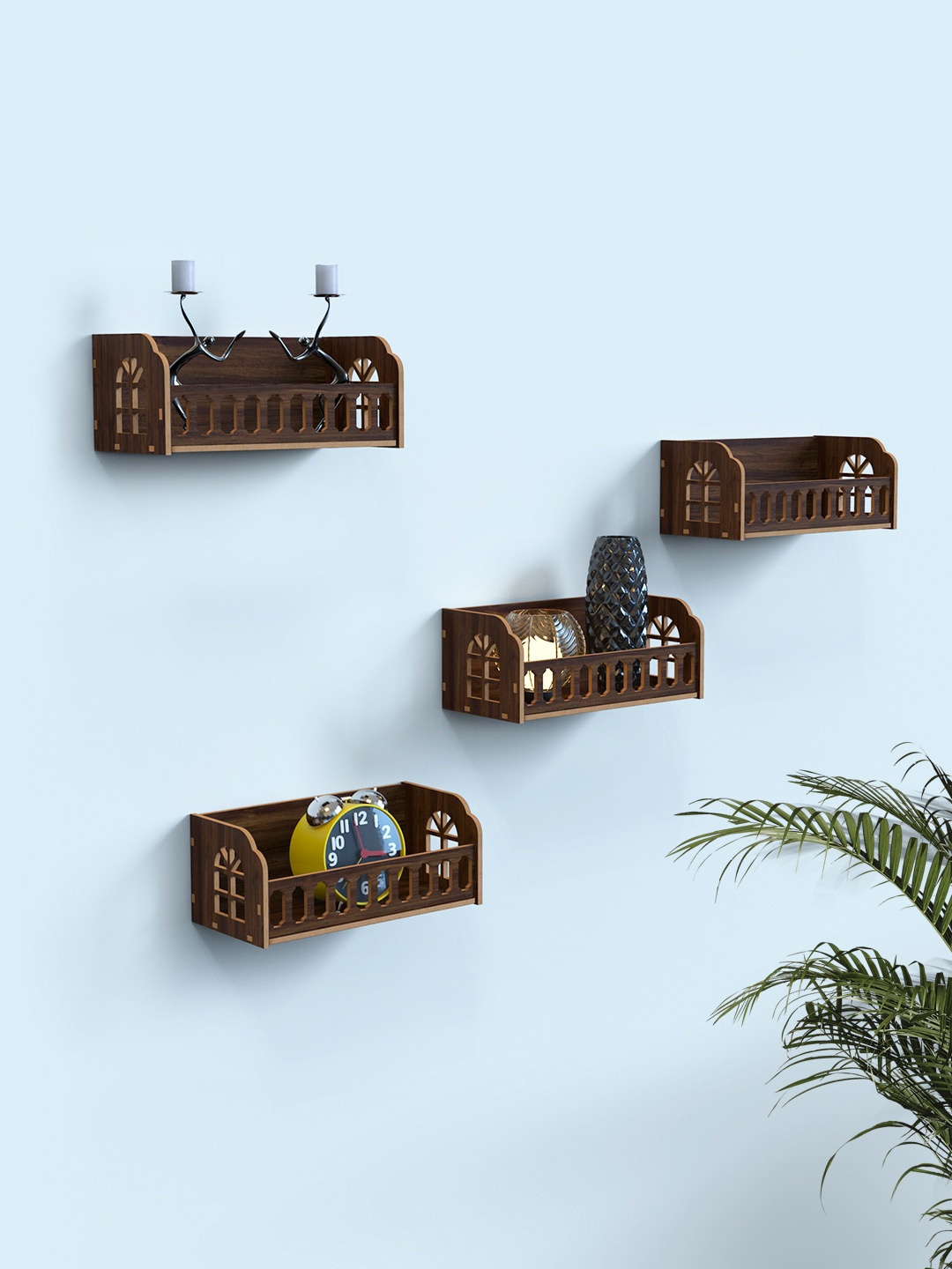 Home Sparkle Brown 4 Pieces MDF Wall Mounted Hanging Shelves