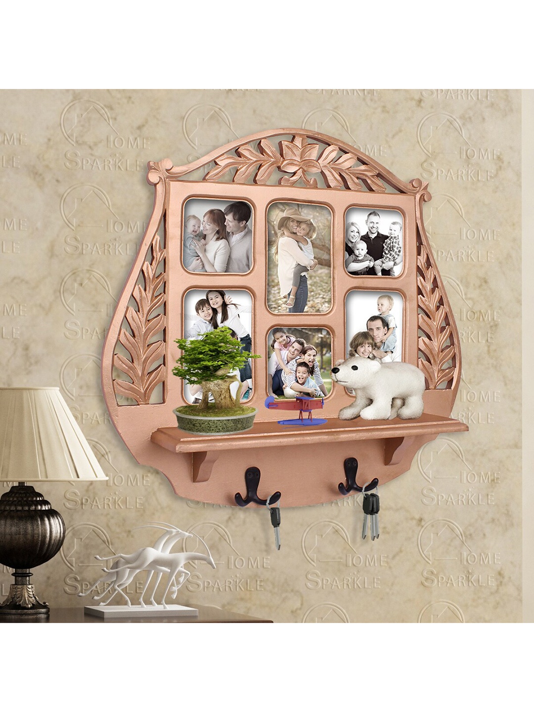 

Home Sparkle Textured Wall Shelf with Photoframe and Hooks, Gold