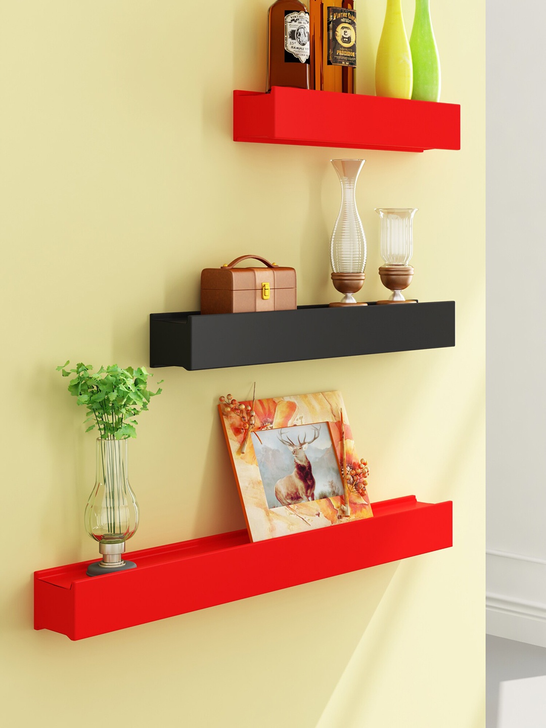 

Home Sparkle Set Of 3 Solid Wooden Wall Shelves, Black