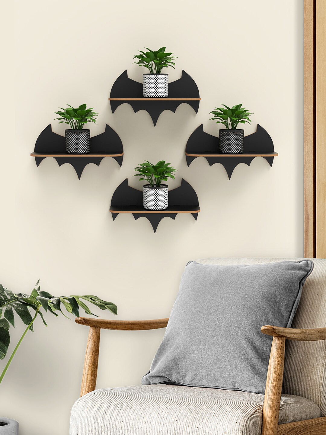 

Home Sparkle Set Of 4 Bat Shape Wall Mounted Wall Shelves, Black