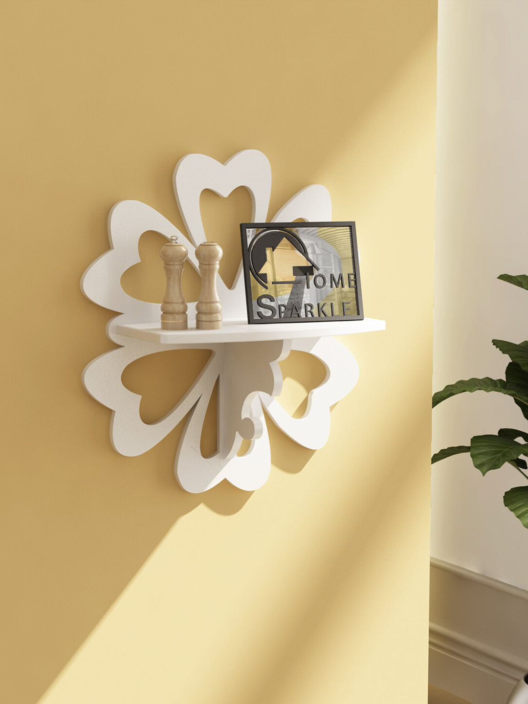 

Home Sparkle Solid Wood Carved Flower Design Wall Shelf, White
