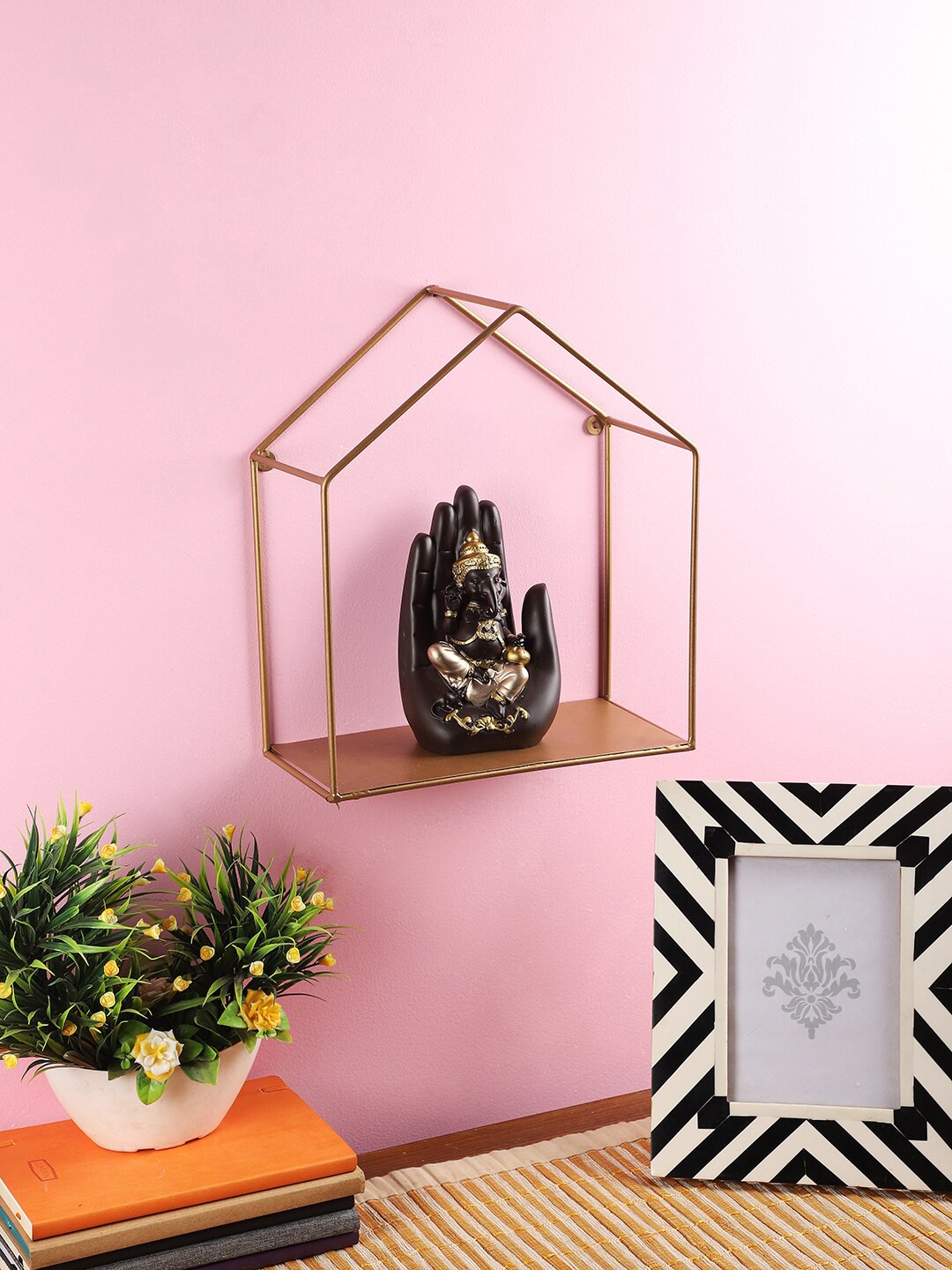 

Home Sparkle Iron Hut Home Pentagon Design Wall Mounted Floating Shelf, Gold