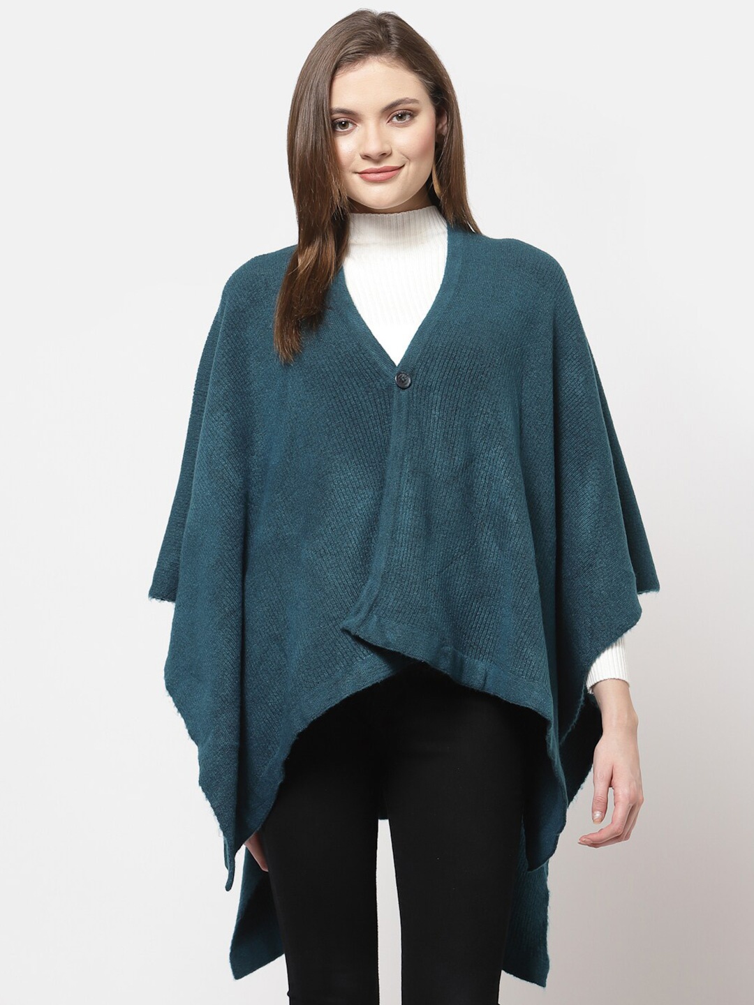 

513 Women Teal-Blue Solid Knitted Poncho Sweater