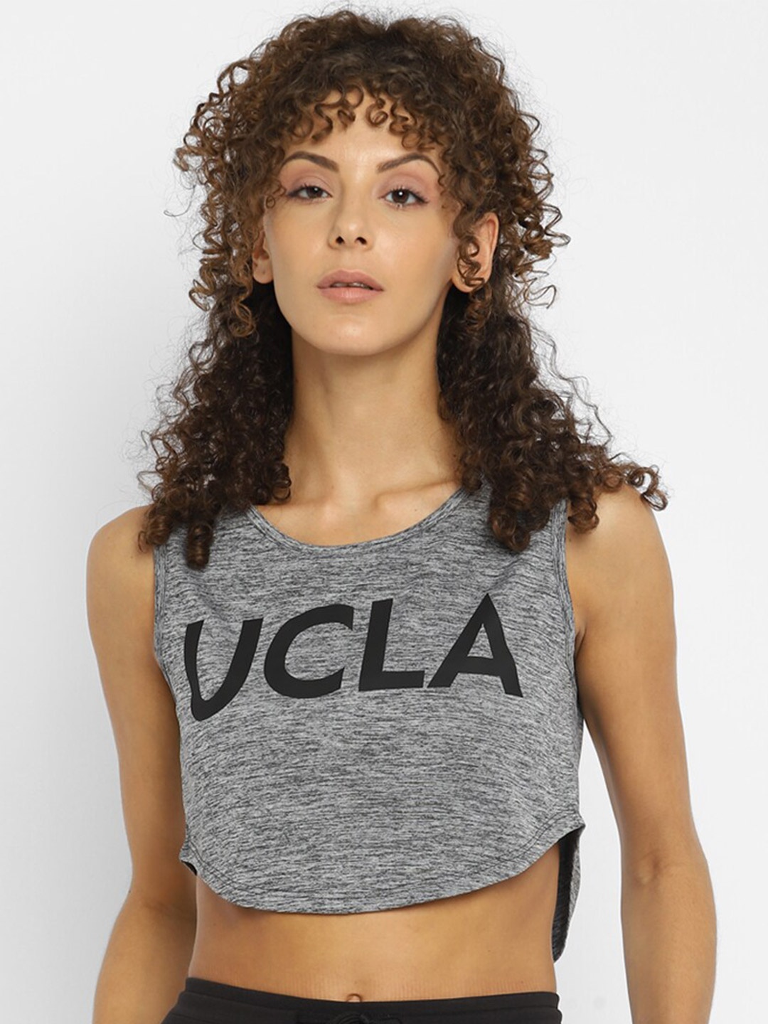 

UCLA Women Grey Melange Typography Printed Antimicrobial T-shirt