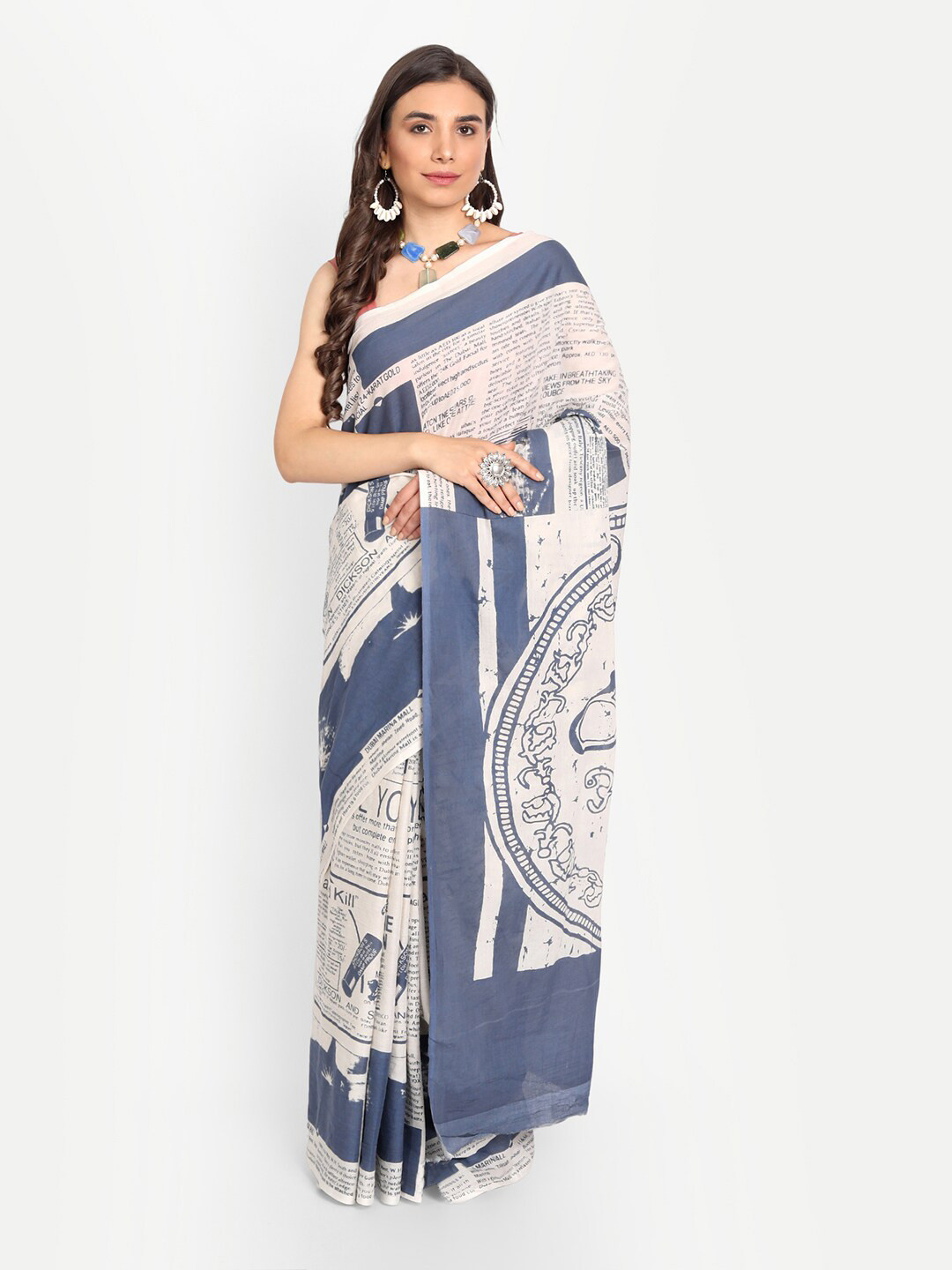 

BUTA BUTI White And Blue Abstract Print Pure Cotton Saree