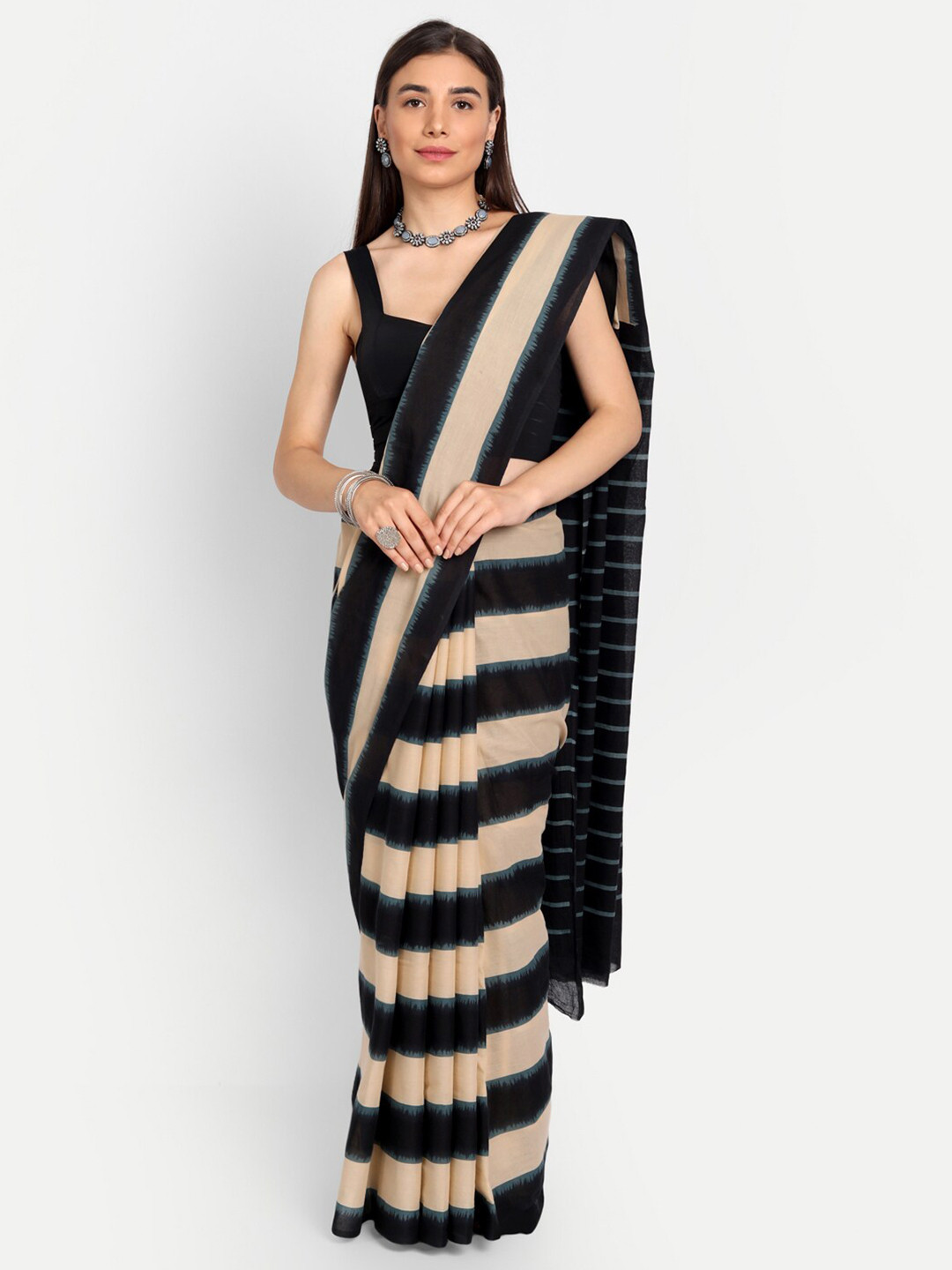 

BUTA BUTI Beige & Black Striped Pure Cotton Saree