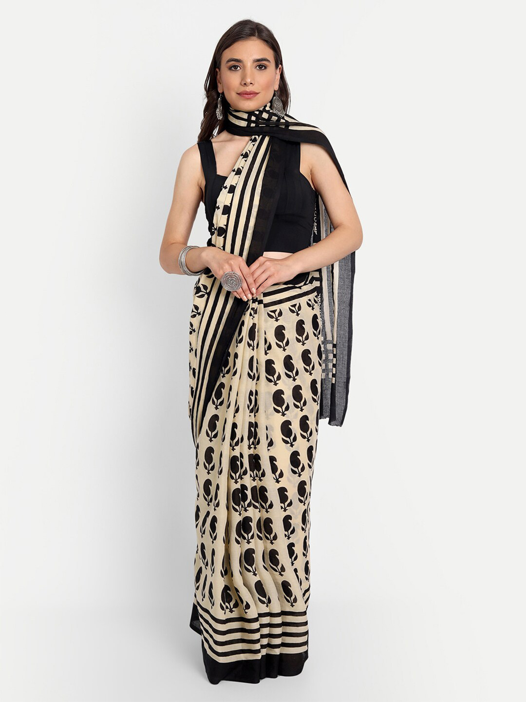 

BUTA BUTI Black & Beige Ethnic Motifs Pure Cotton Saree