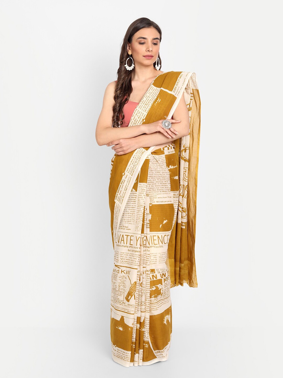 

BUTA BUTI Mustard & Cream-Coloured Print Pure Cotton Saree