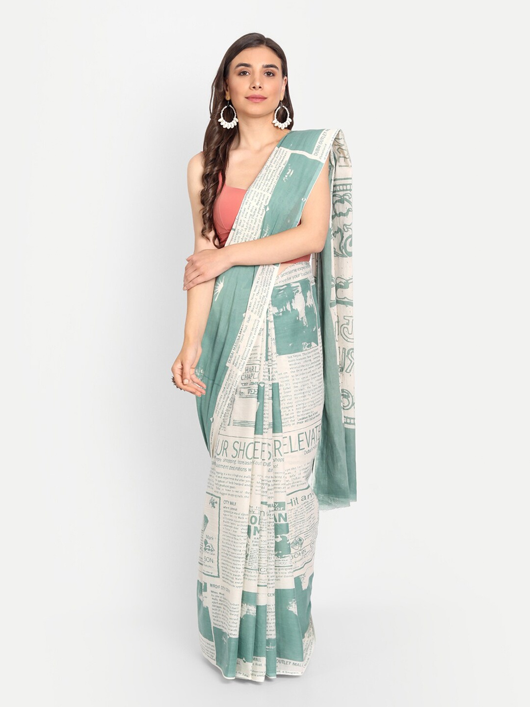 

BUTA BUTI Sea Green & White Printed Pure Cotton Saree