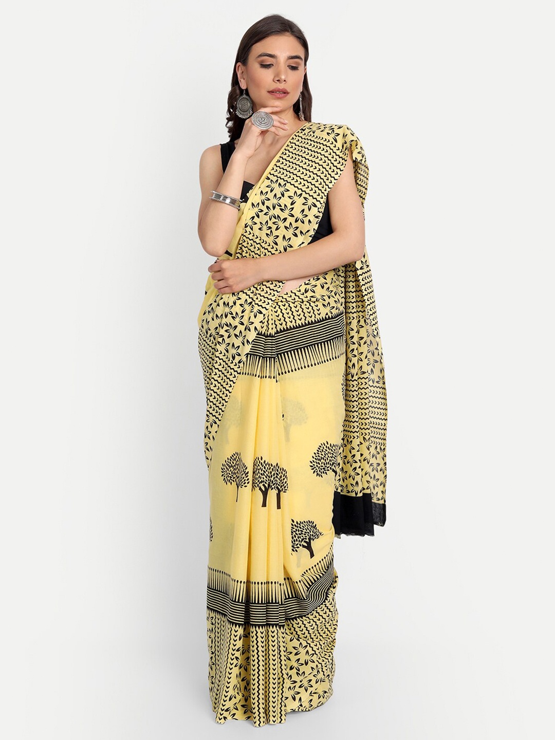 

BUTA BUTI Yellow & Black Floral Pure Cotton Saree