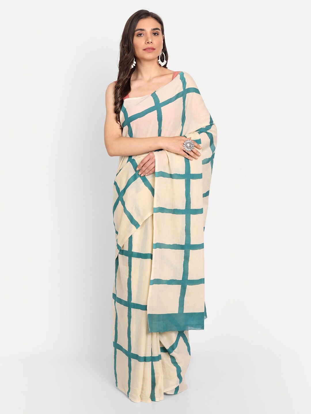 

BUTA BUTI Beige & Blue Checked Pure Cotton Saree