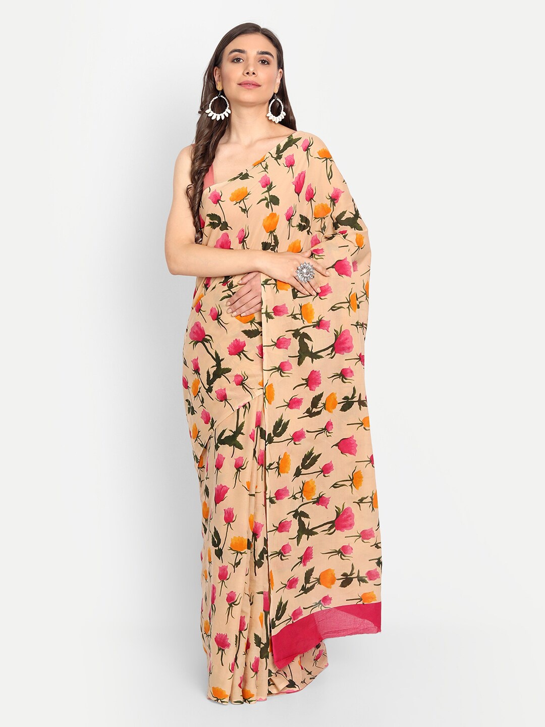

BUTA BUTI Beige & Pink Floral Pure Cotton Saree