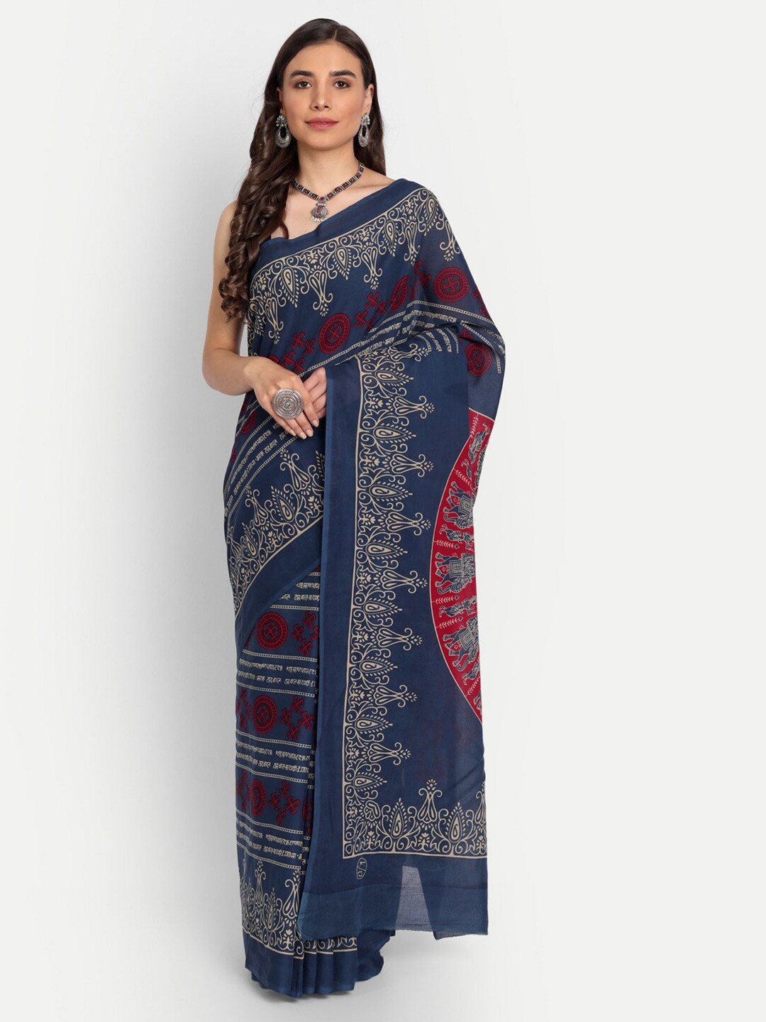 

BUTA BUTI Blue & Red Ethnic Motifs Pure Cotton Saree