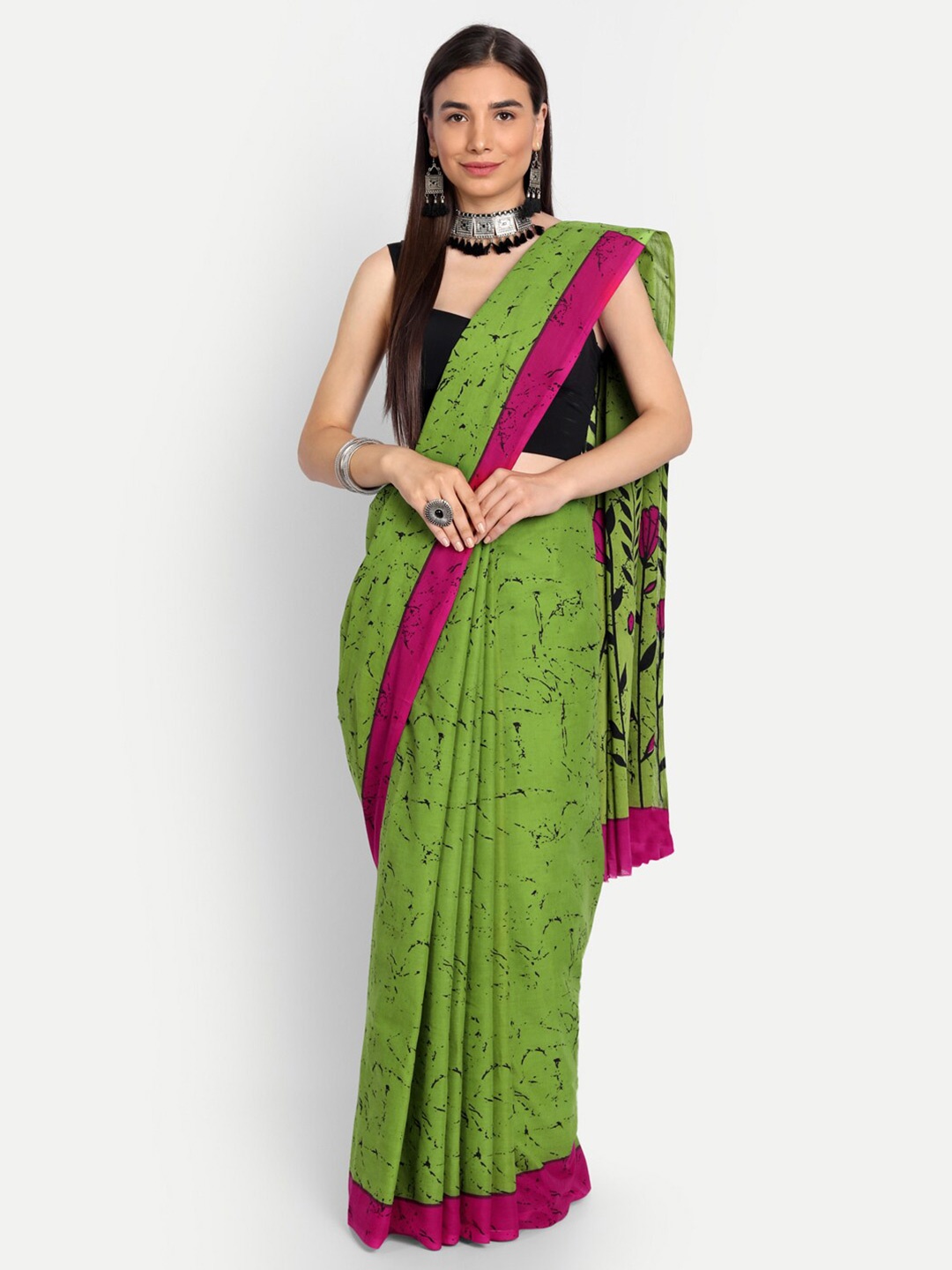 

BUTA BUTI Green & Pink Floral Pure Cotton Saree