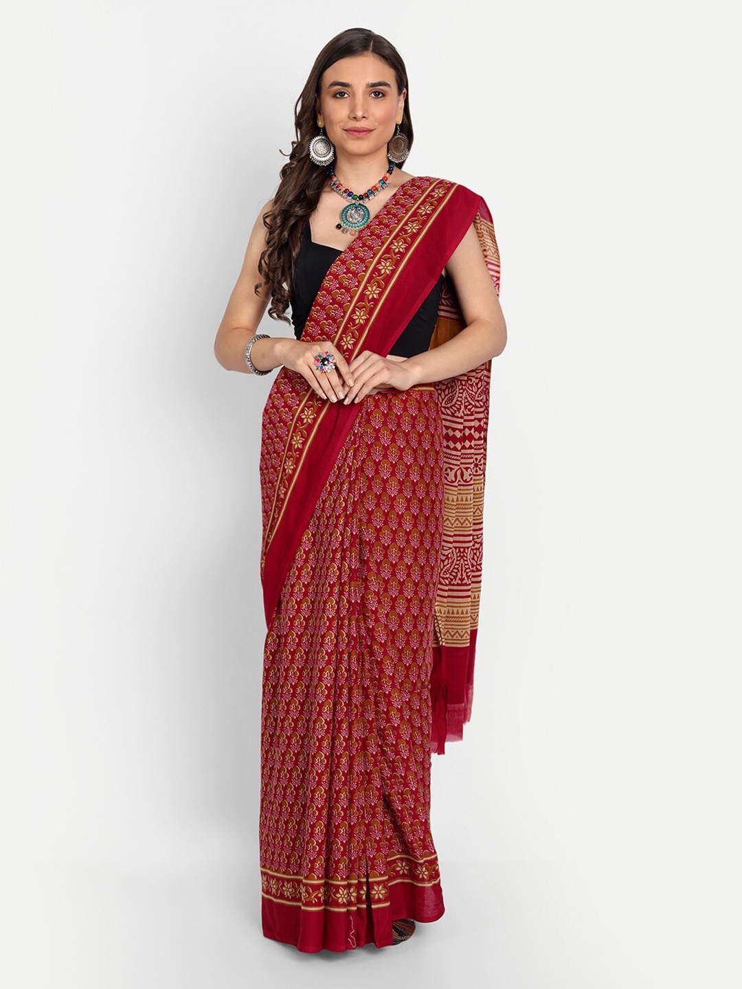 

BUTA BUTI Red & Beige Ethnic Motifs Print Pure Cotton Saree