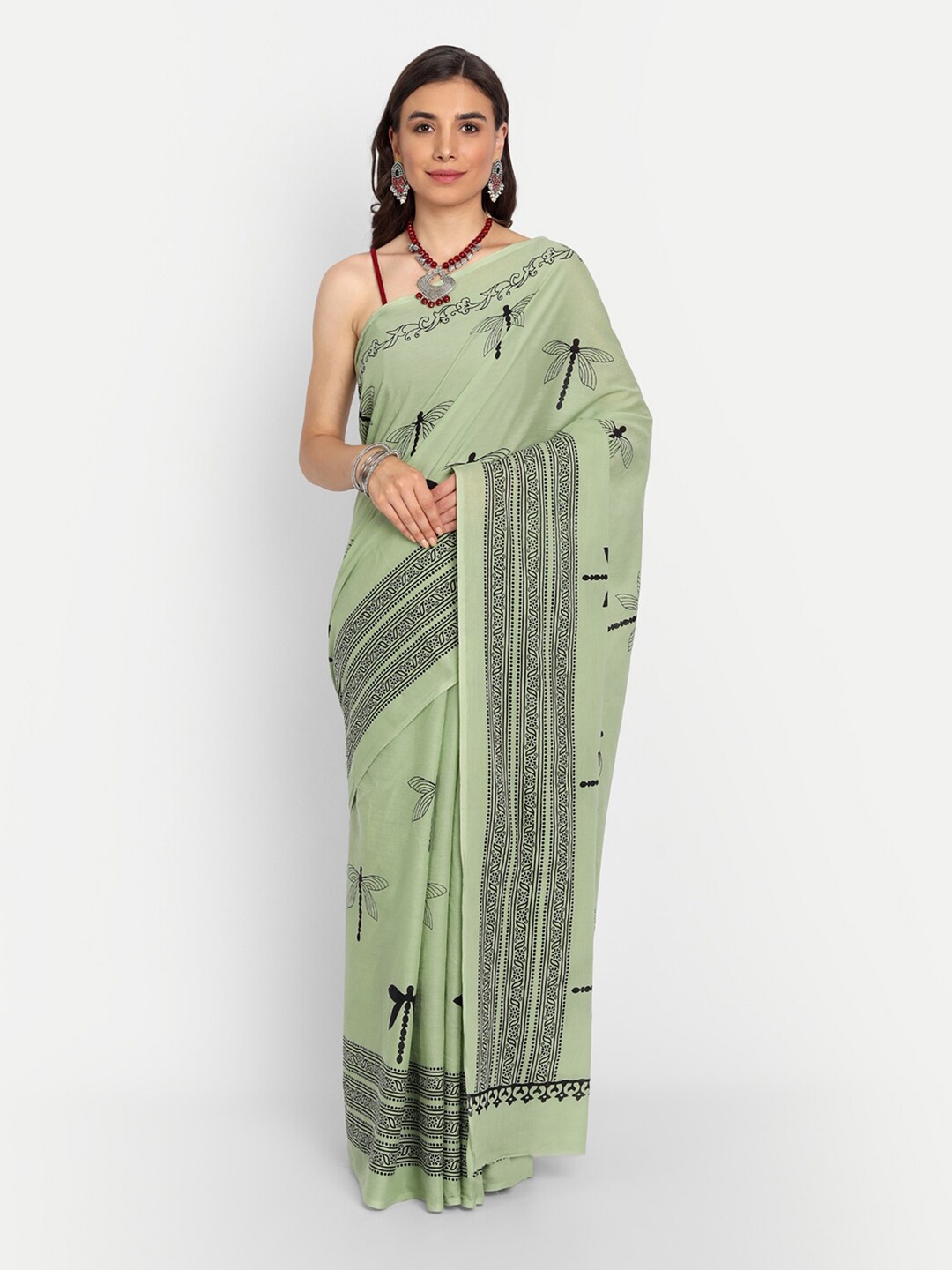 

BUTA BUTI Sea Green & Black Pure Cotton Printed Saree
