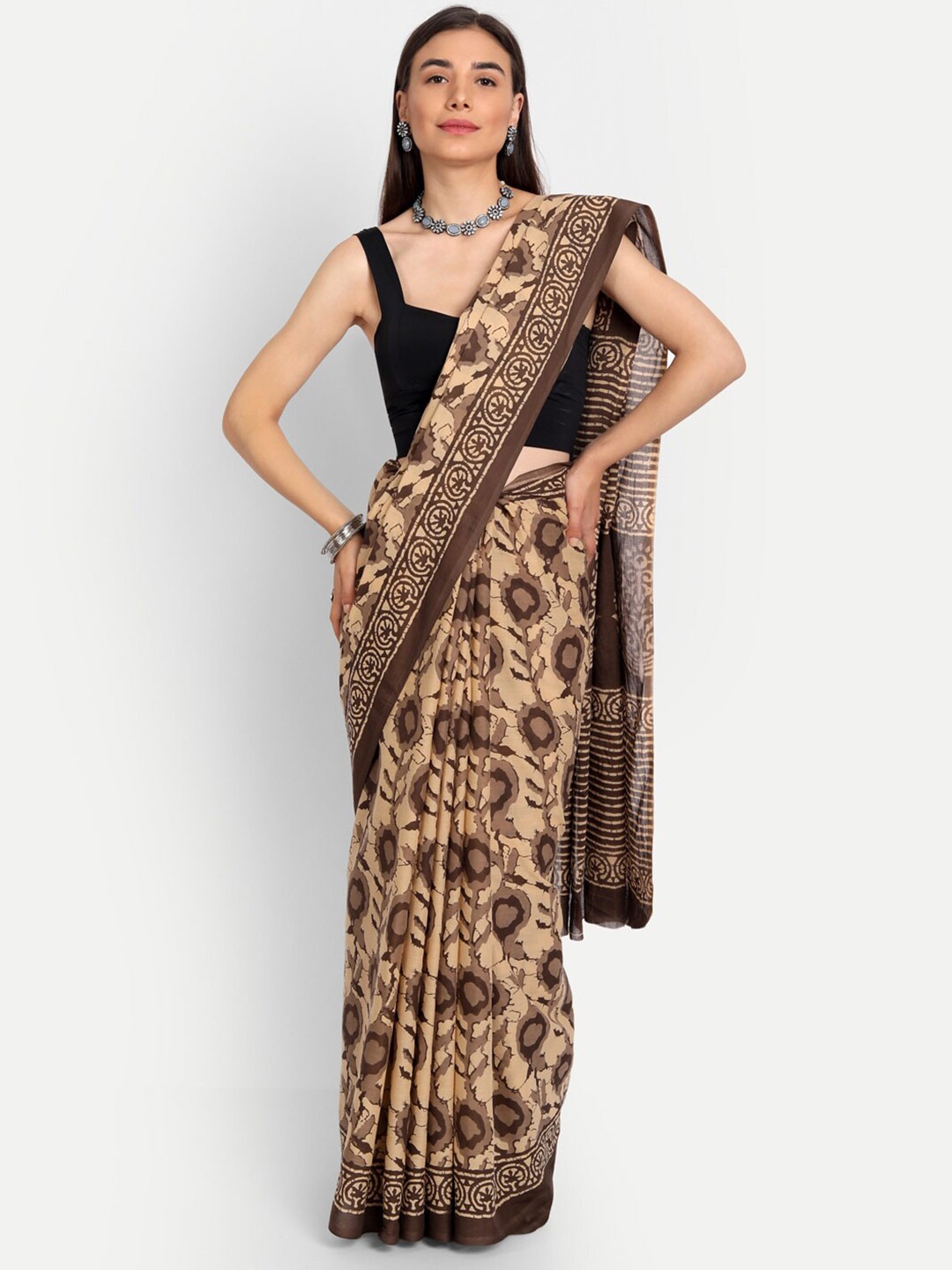 

BUTA BUTI Beige & Brown Floral Pure Cotton Saree