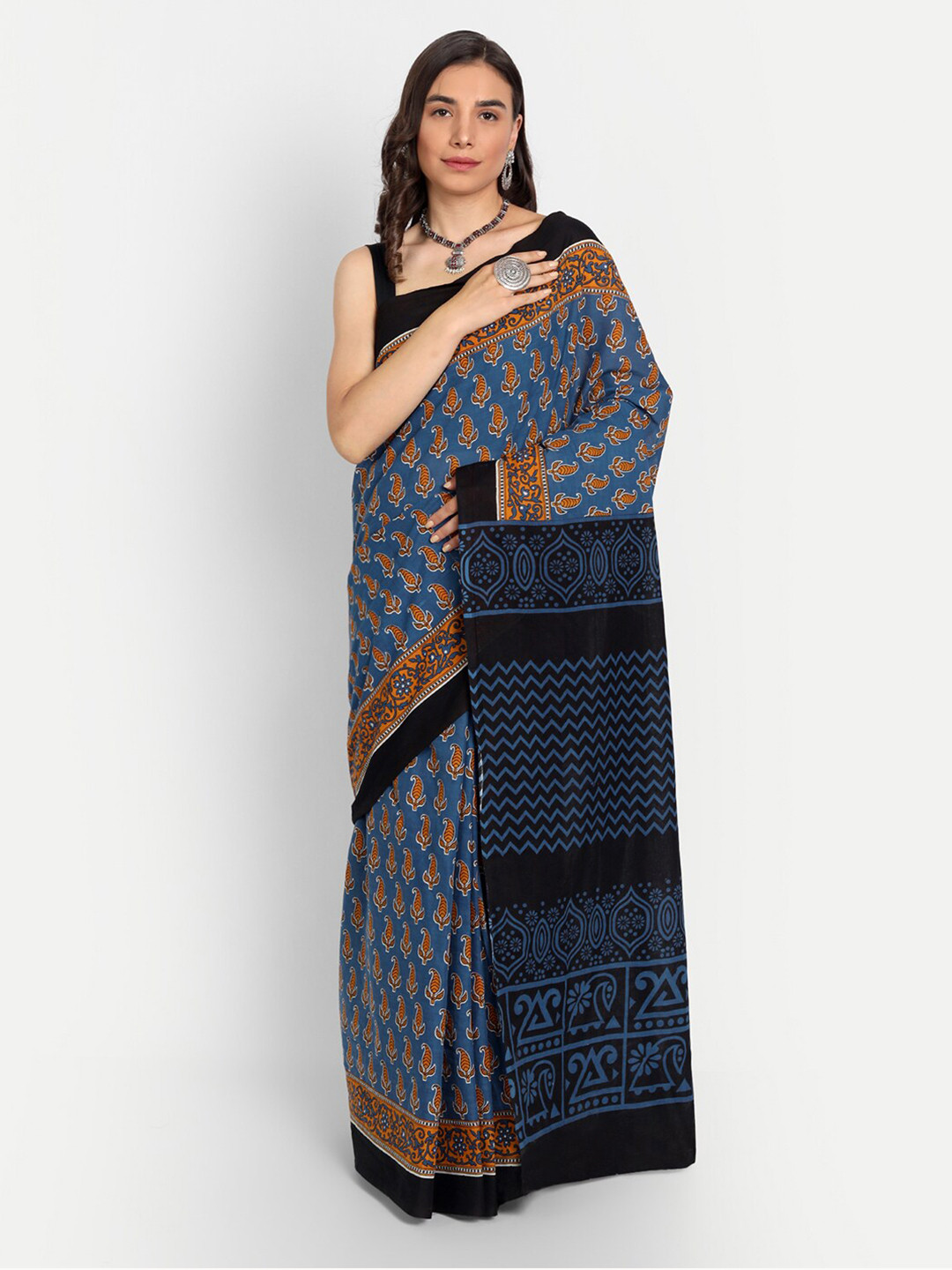 

BUTA BUTI Blue & Black Ethnic Motifs Pure Cotton Saree