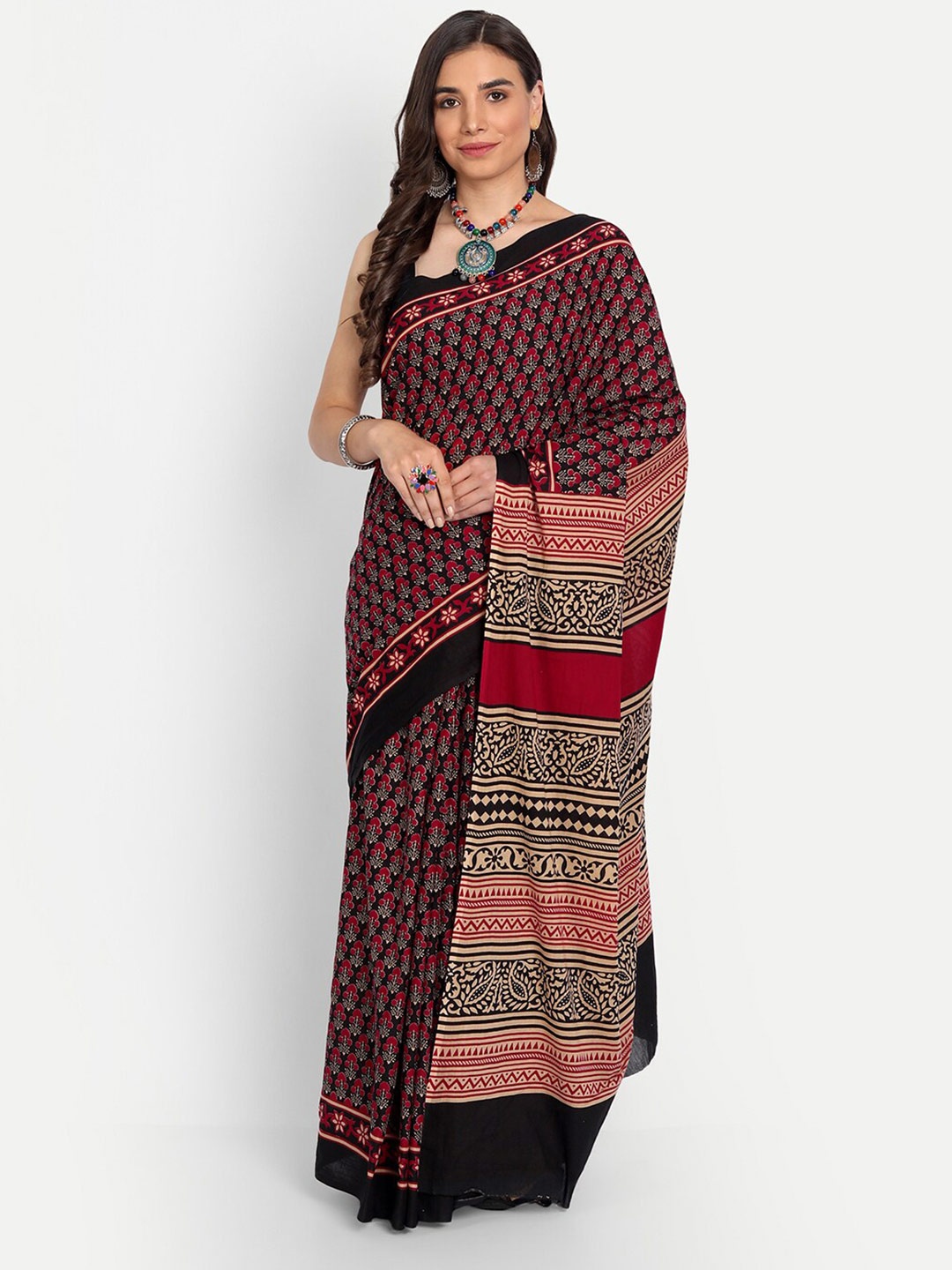 

BUTA BUTI Women Red & Brown Floral Pure Cotton Saree